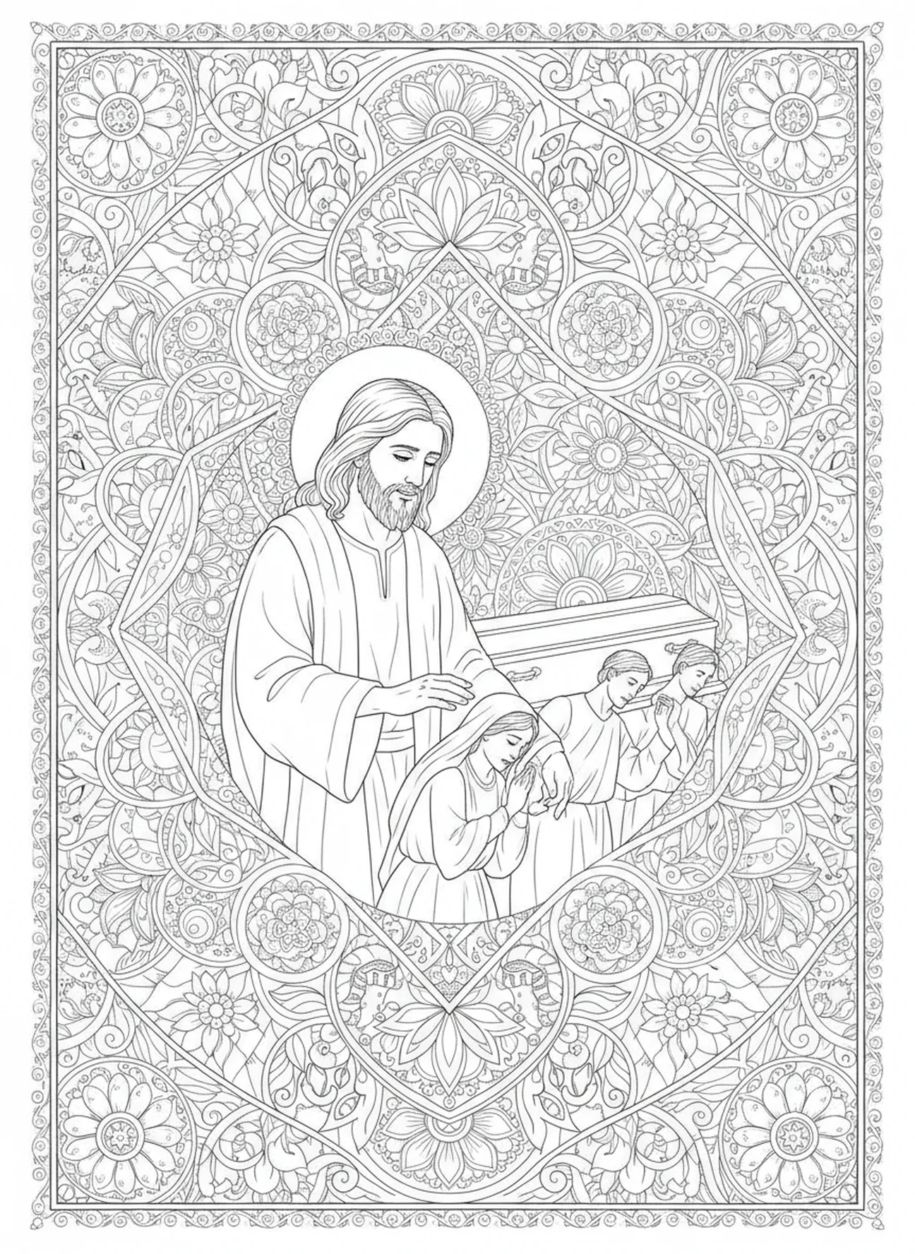 Jesús deteniendo la procesión, página para colorear de la viuda de Naín estilo journaling bíblico para adultos