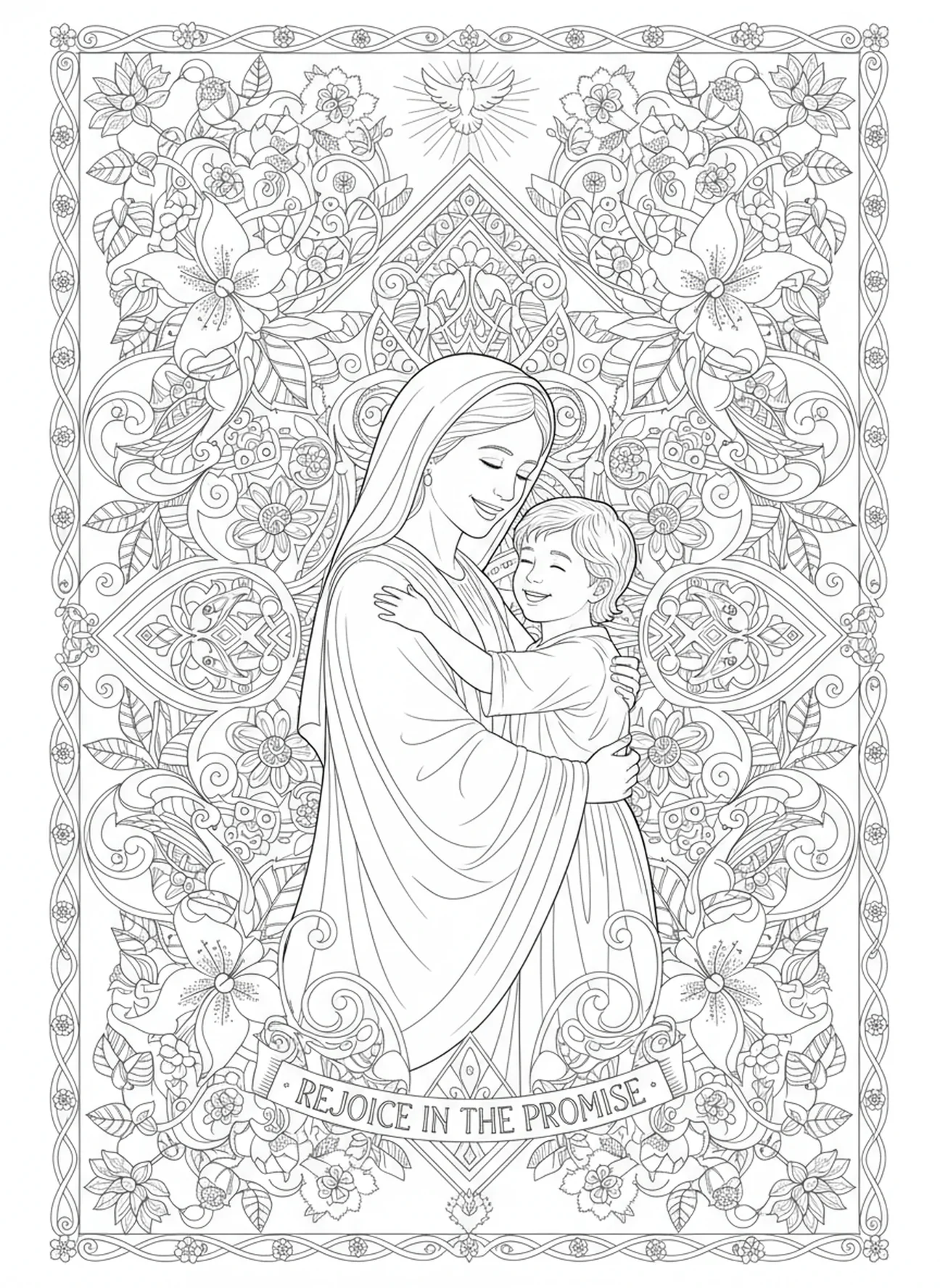Reunión alegre de madre e hijo, página para colorear de la viuda de Naín en estilo de journaling bíblico para adultos