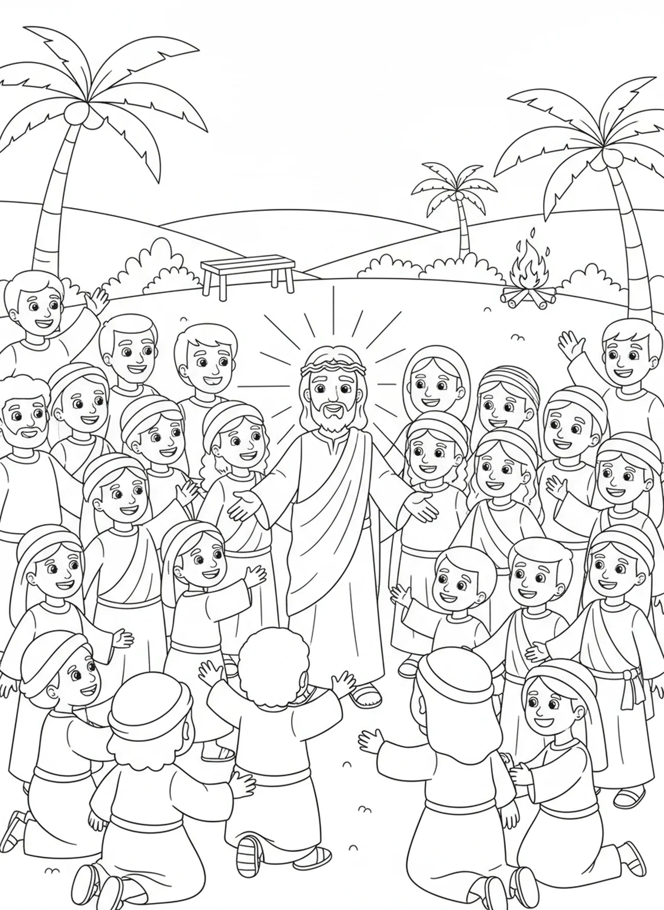 Menschenmenge versammelt sich um Jesus, Ausgemergelte Hand Malvorlage für Kinder im Alter von 5-10 Jahren.