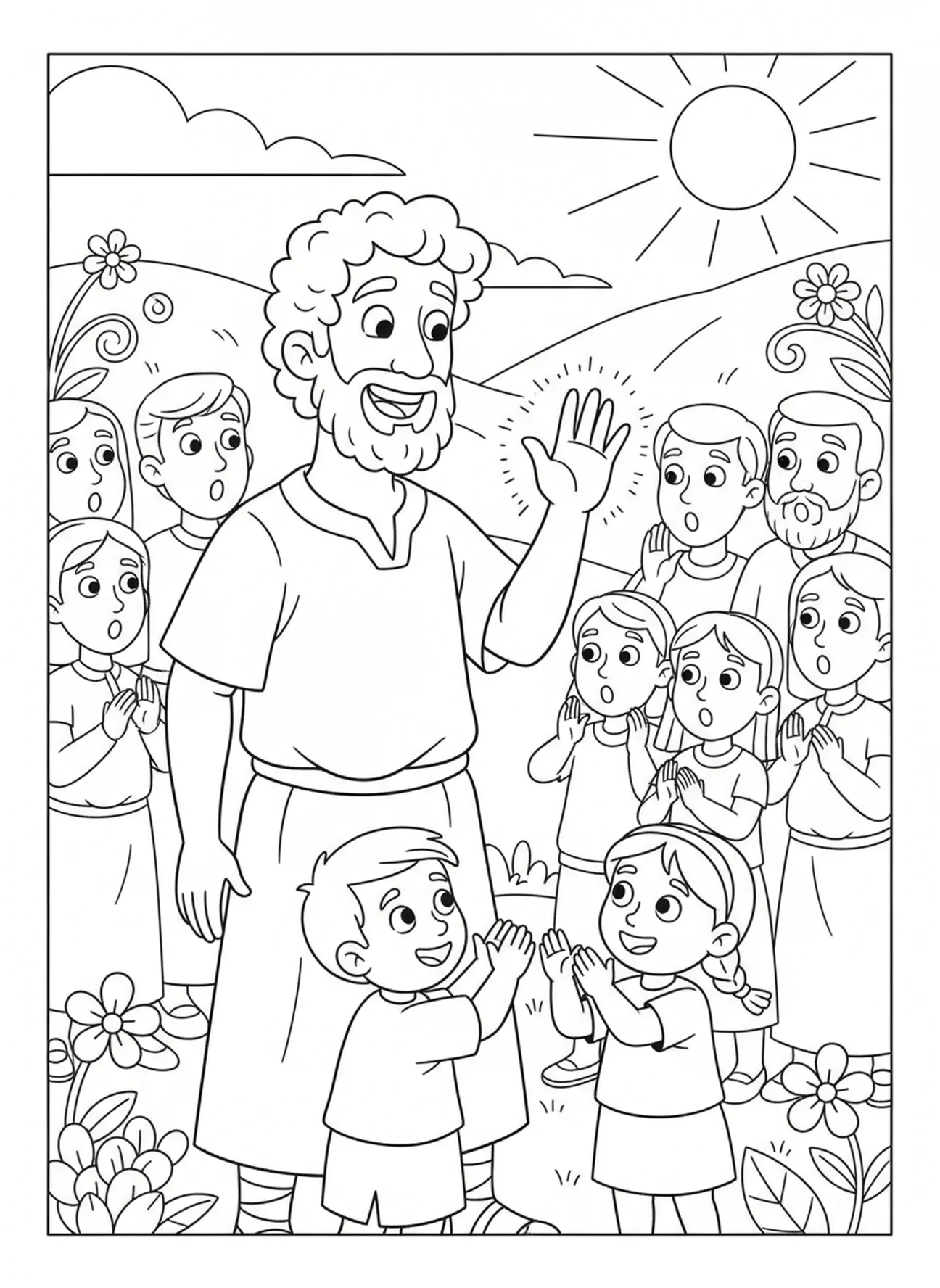 Heiliger Mann lächelt, Ausgetrocknete Hand Malvorlage für Kinder im Alter von 5-10 Jahren.