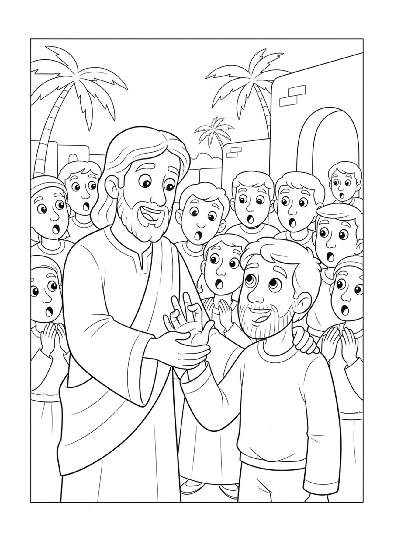 Die Hand eines Mannes verändert sich vor der Menge, Ausmalbild zur miteredeten Hand für Kinder im Alter von 5-10 Jahren.