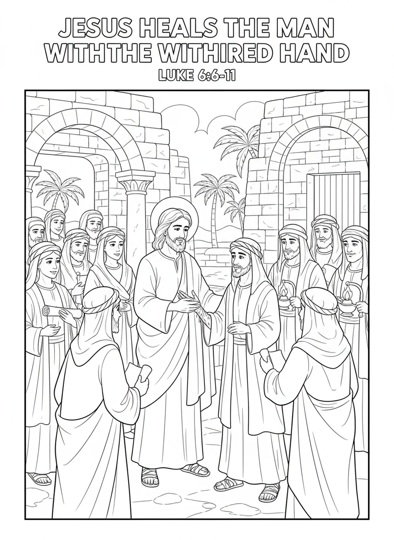 Menschenmenge beobachtet Jesus, Ausgemergelte Hand Malvorlage für Sonntagsschulkinder im Alter von 5-12 Jahren.