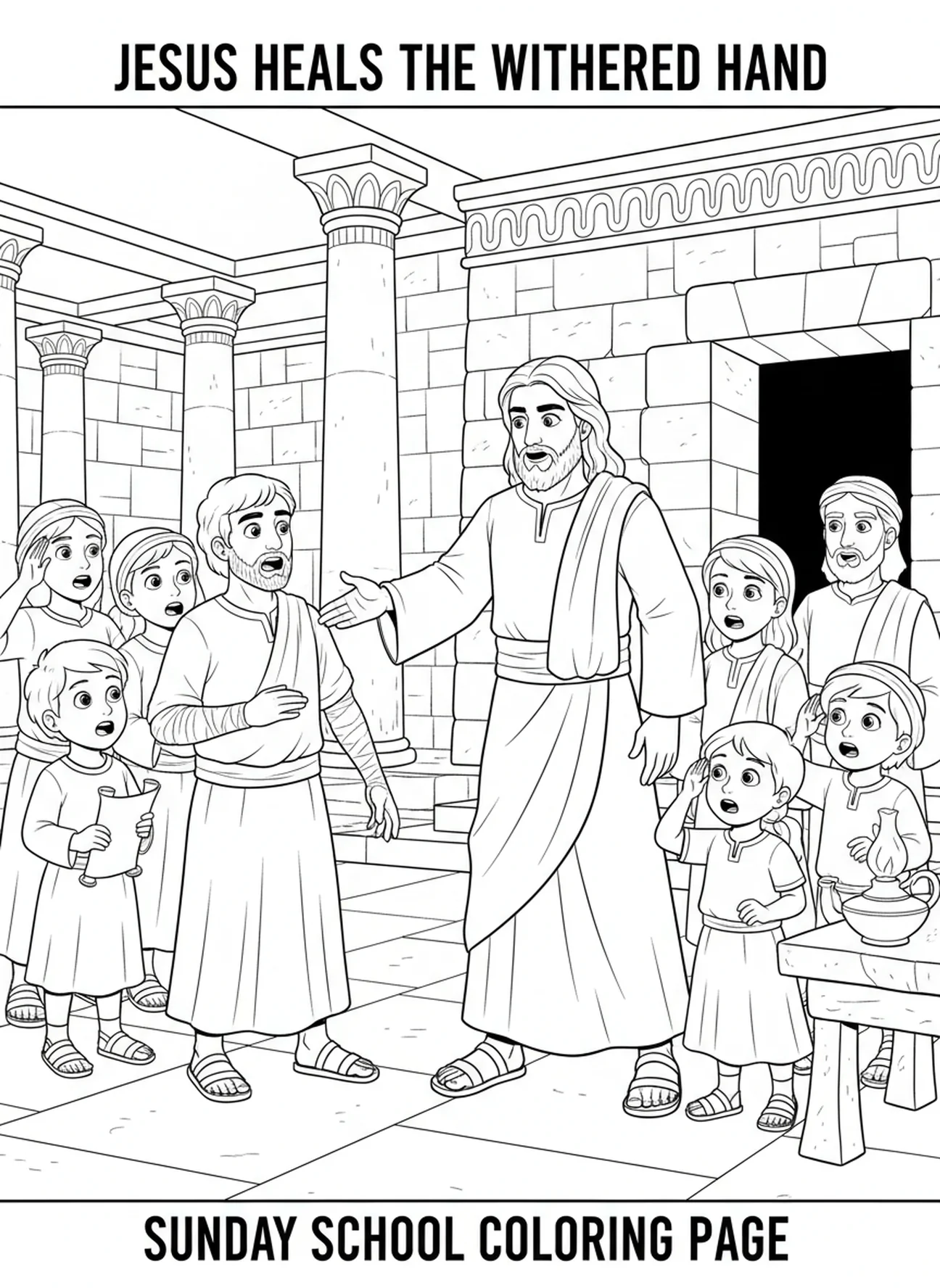 Jesus heilt den Gelähmten, Ausmalbild für die Sonntagsschule für Kinder im Alter von 5-12 Jahren.