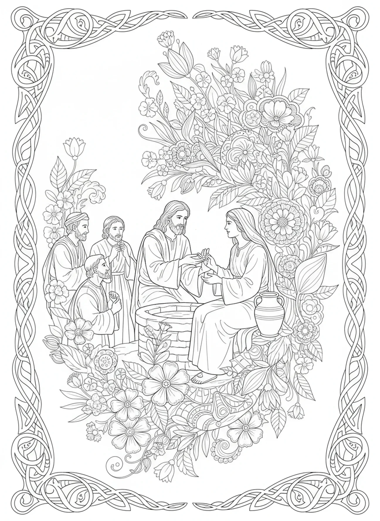 Discípulos se aproximando de Jesus, página para colorir da Mulher do Poço no estilo de journaling bíblico para adultos.
