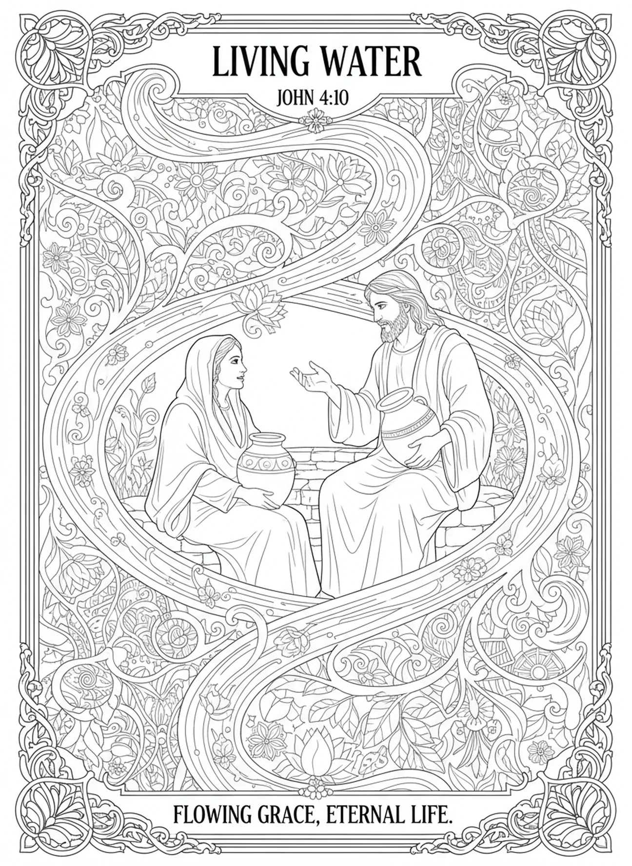 Jesus compartilhando o conceito de água viva, página para colorir da Mulher do Poço no estilo de journaling bíblico para adultos.
