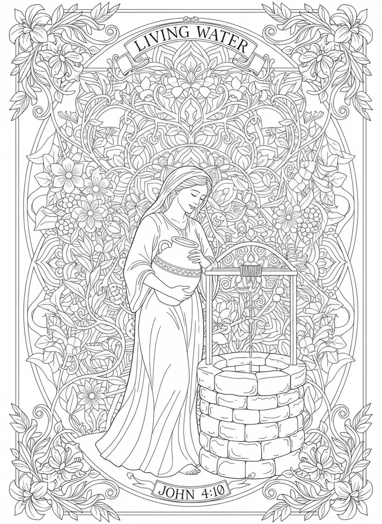 Mulher segurando um jarro de água, página para colorir Mulher no Poço estilo de journaling bíblico para adultos.