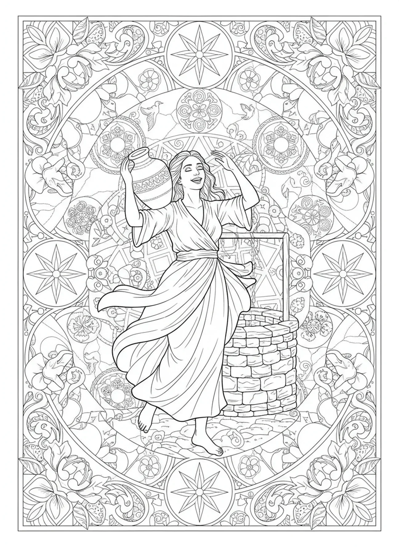 Mulher saindo alegremente com jarro, página de colorir Mulher no Poço para adultos no estilo de journaling bíblico.
