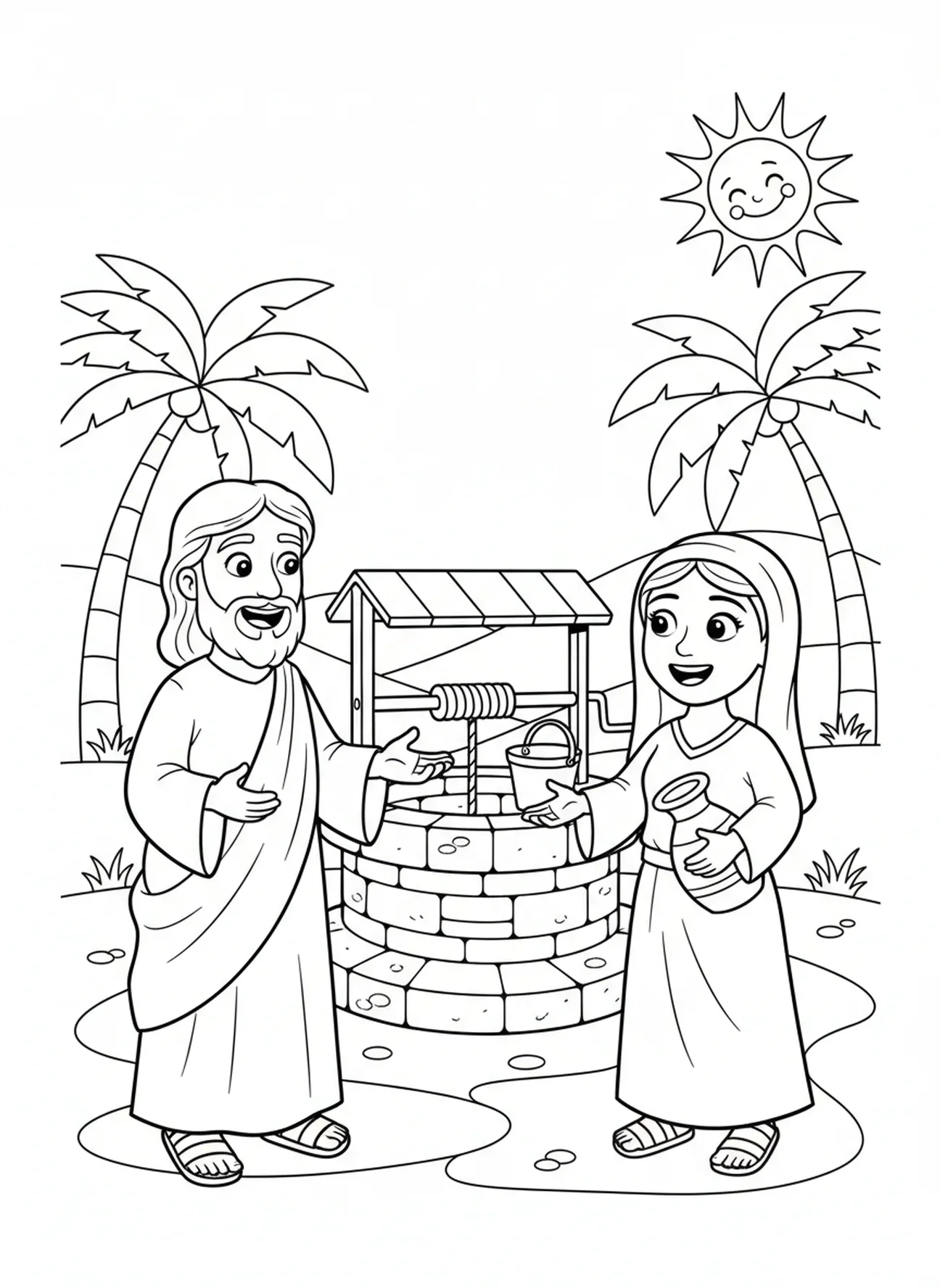 Jesus und die Frau im fröhlichen Gespräch, Ausmalbild zur Frau am Brunnen für Kinder im Alter von 5-10 Jahren.