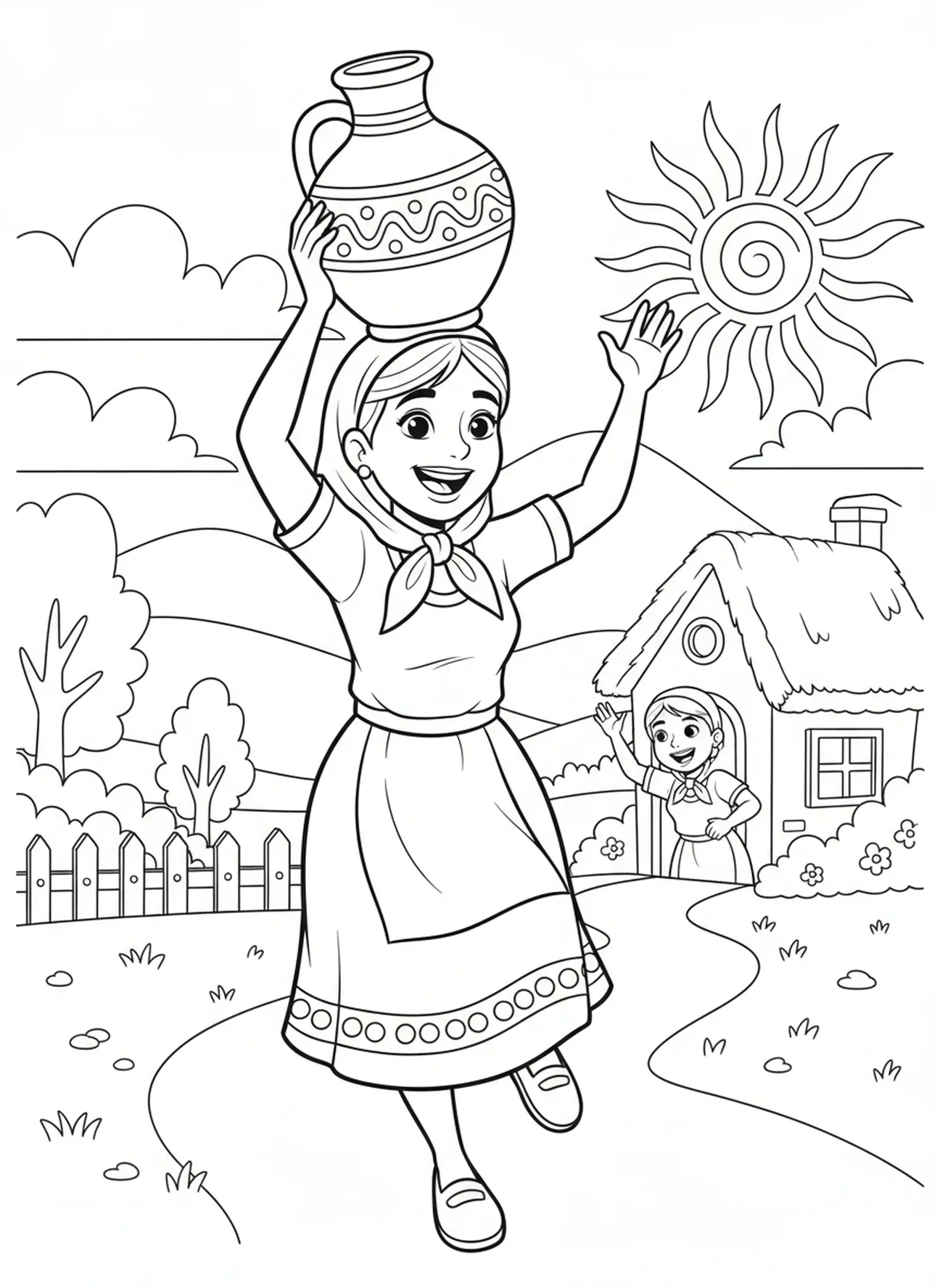 Frau lächelt und geht, Ausmalbild Frau am Brunnen für Kinder im Alter von 5-10 Jahren.