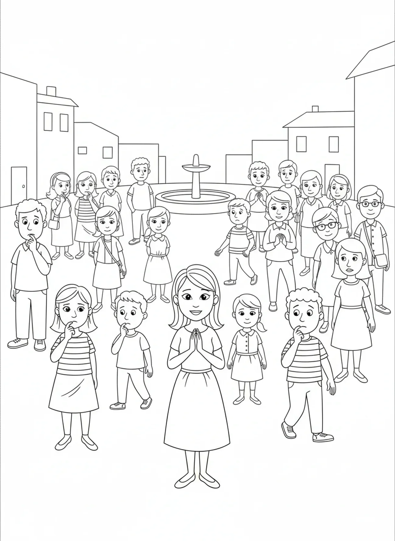 Foule se dispersant, page à colorier sur la Femme adultère pour les enfants de 5 à 10 ans.