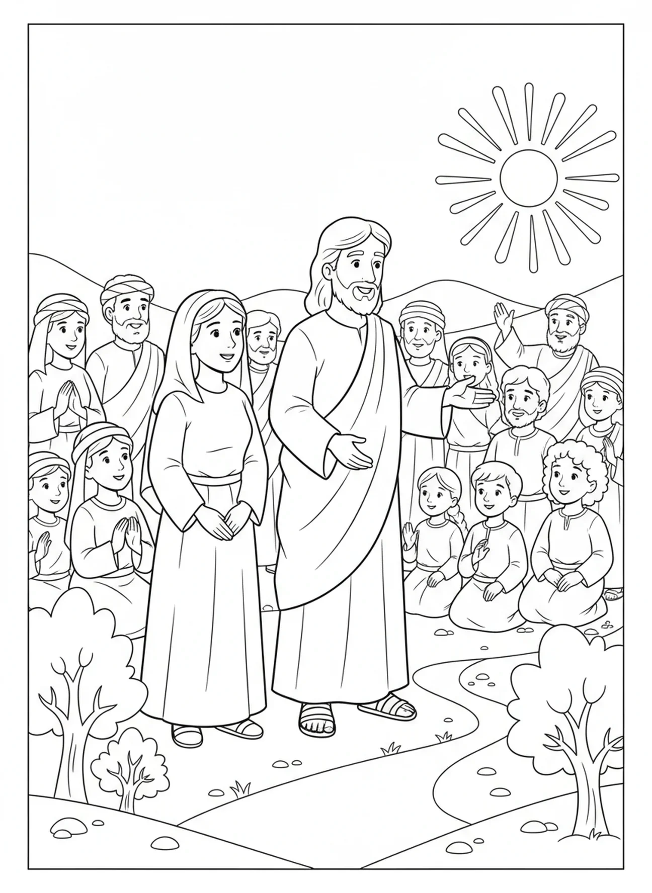 Jésus s'adressant à la foule, page à colorier sur la femme adultère pour les enfants de 5 à 10 ans.