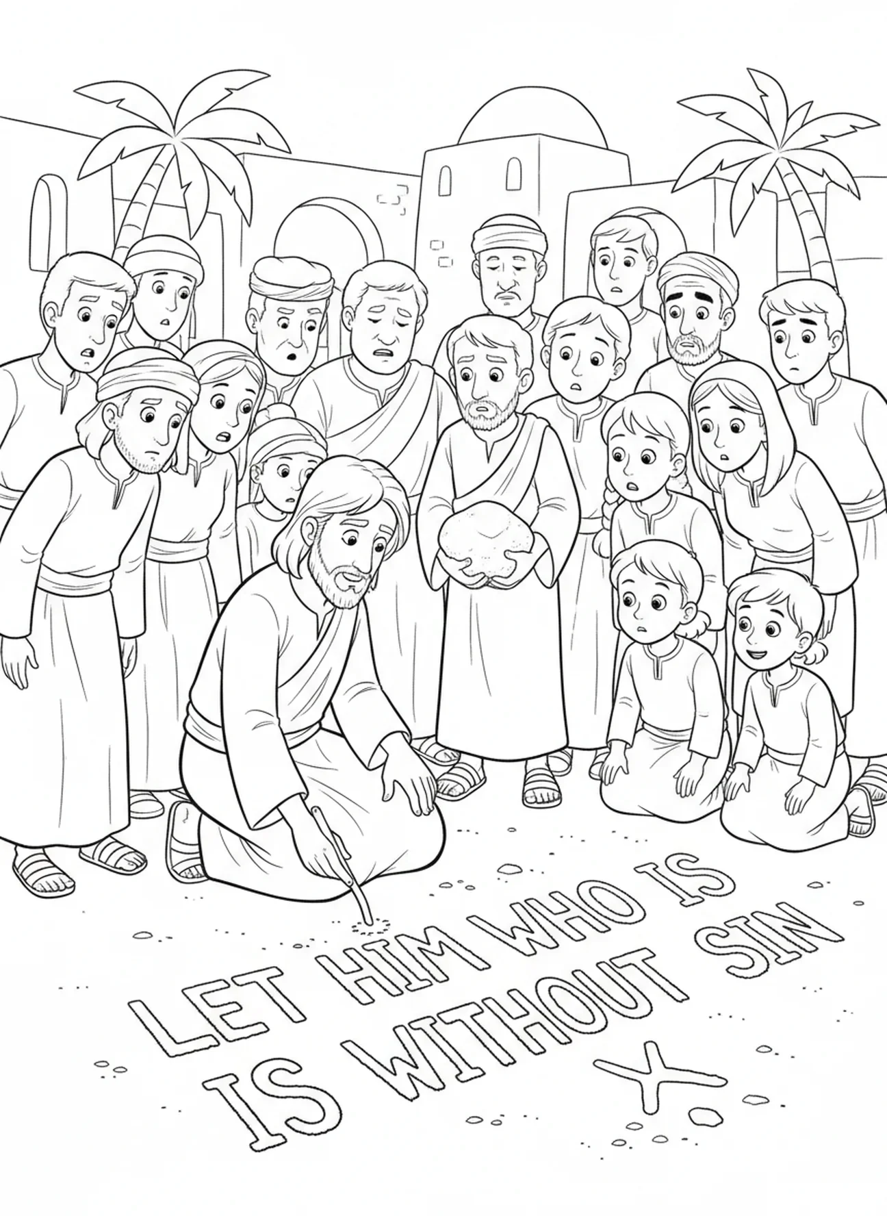 Jésus écrivant dans le sable, page à colorier sur la femme adultère pour les enfants de 5 à 10 ans.
