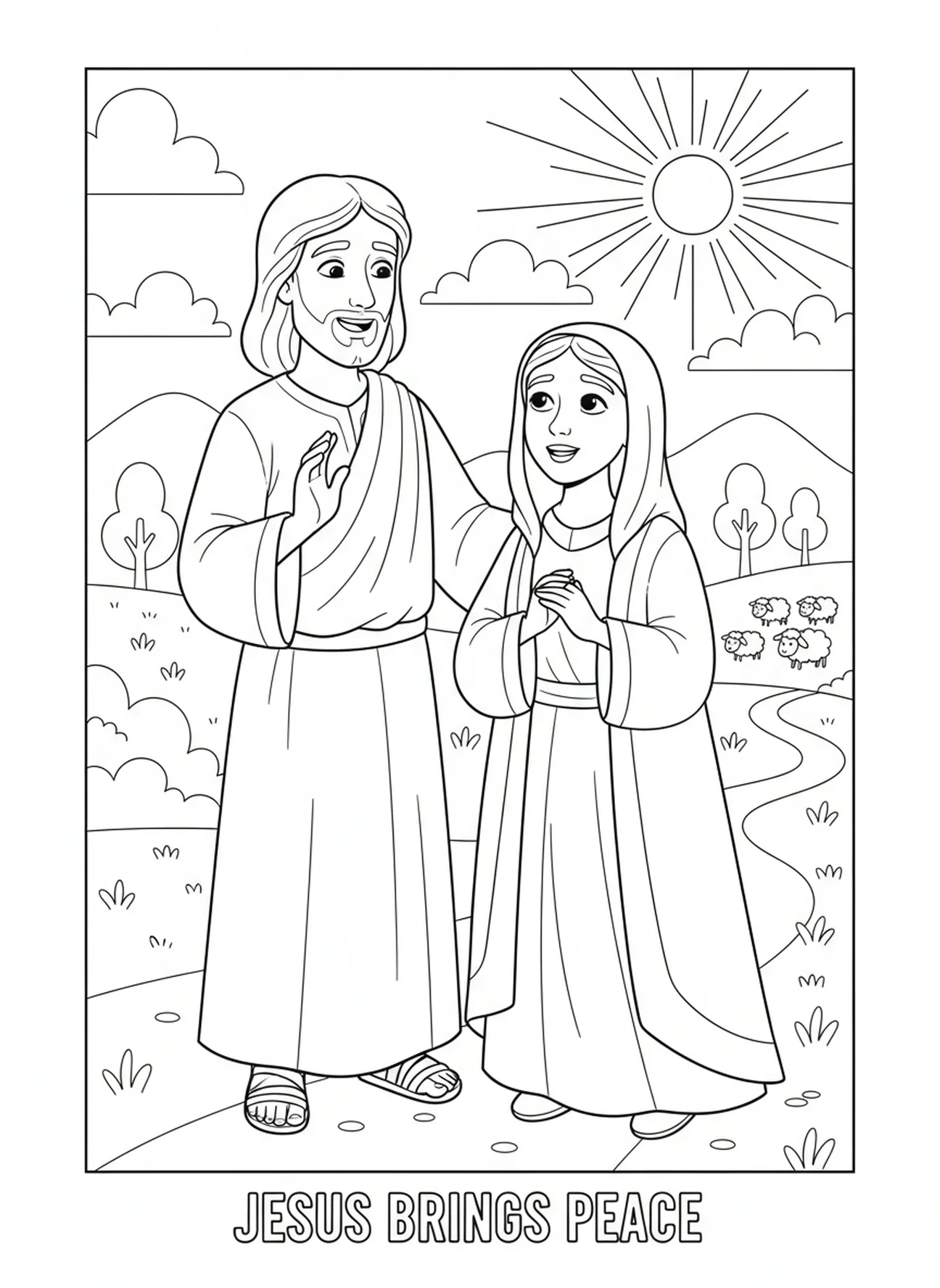 Femme se tenant à côté de Jésus, page à colorier sur la Femme adultère pour les enfants de 5 à 10 ans.
