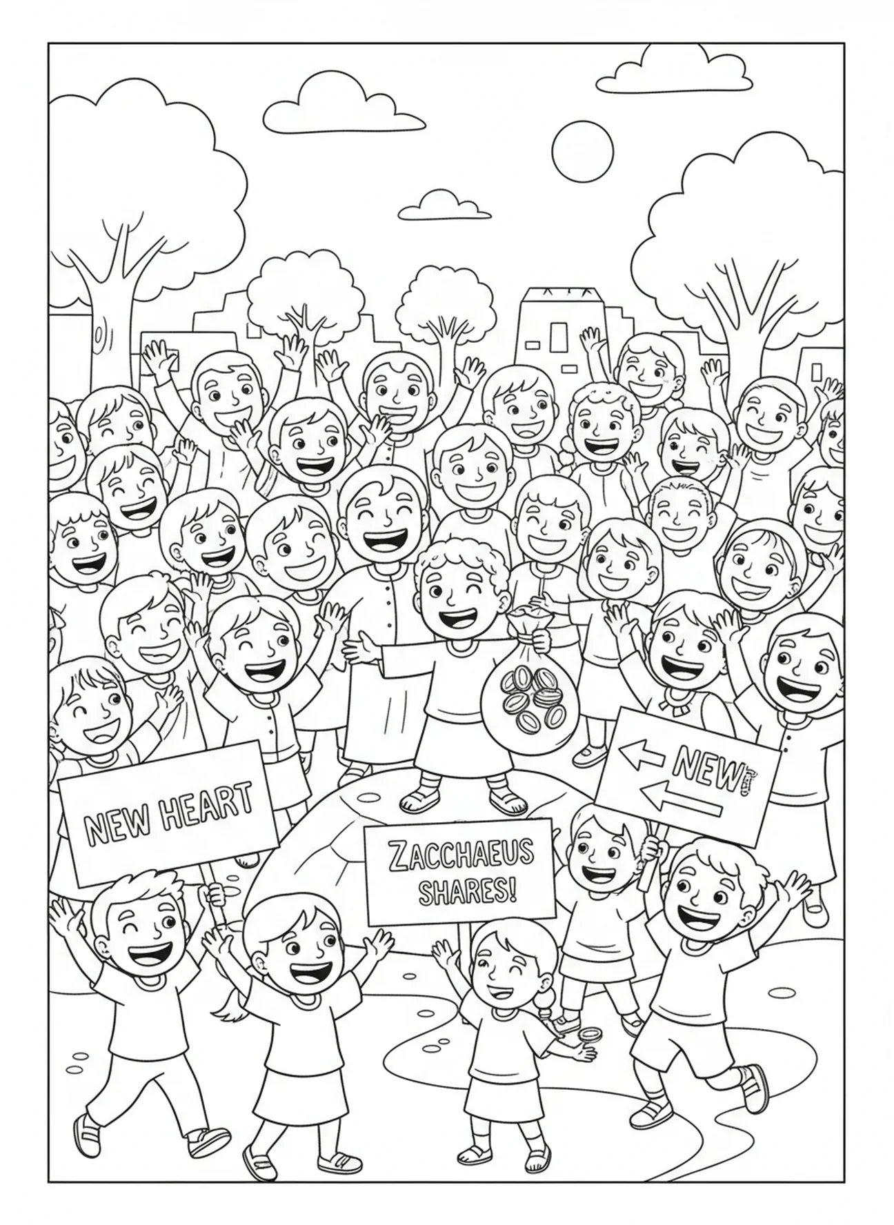 Multidão animada celebrando, Jesus chamando Zaqueu para baixo, página de colorir para crianças de 5 a 10 anos
