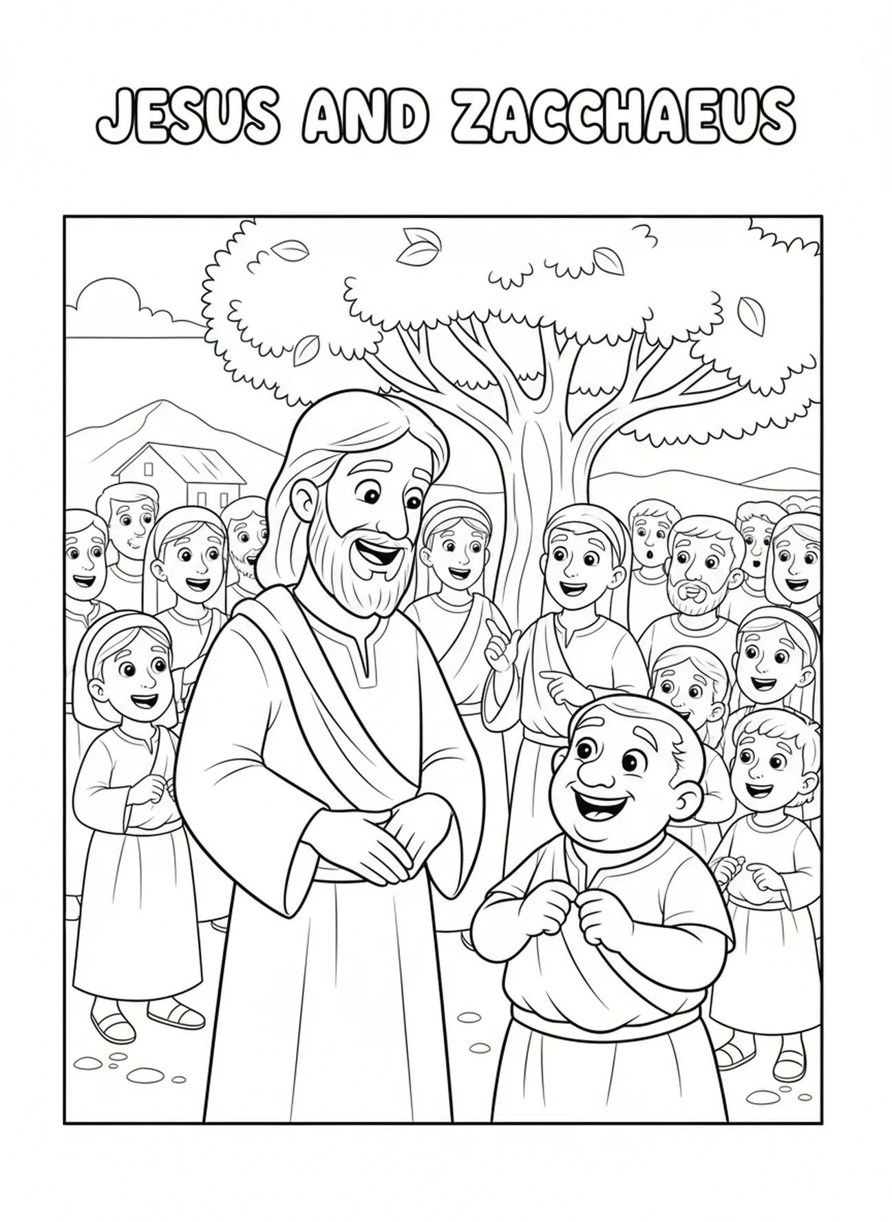 Jesus com Zaqueu sorrindo, Zaqueu chamando Jesus para descer página de colorir para crianças de 5 a 10 anos