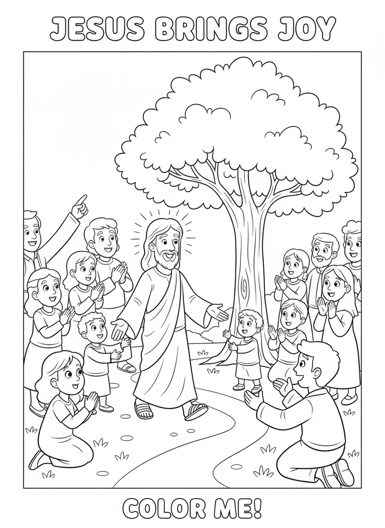 Jesus se aproximando de Zaqueu, Zaqueu Jesus chamando Zaqueu para descer página para colorir para crianças de 5 a 10 anos