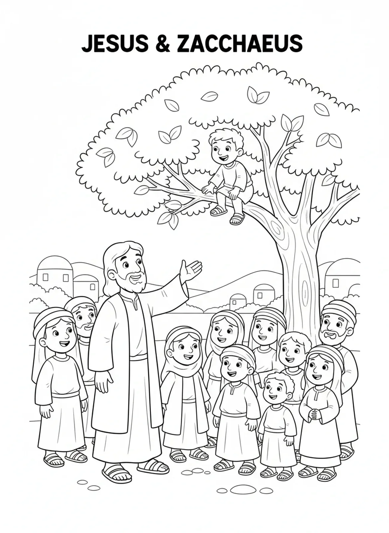 Jesus chamando Zaqueu para descer, página de colorir Jesus Chamando Zaqueu para crianças de 5 a 10 anos