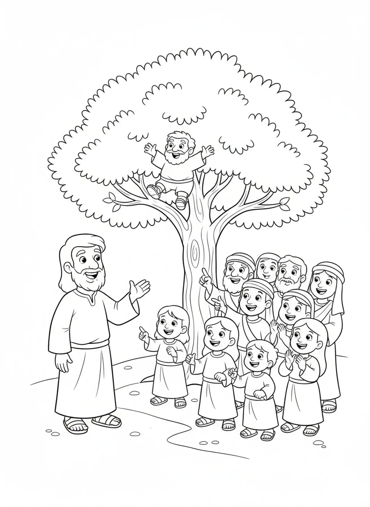 Jesus ruft Zachäus herunter, Zachäus auf dem Baum Ausmalbild für Kinder im Alter von 5-10 Jahren