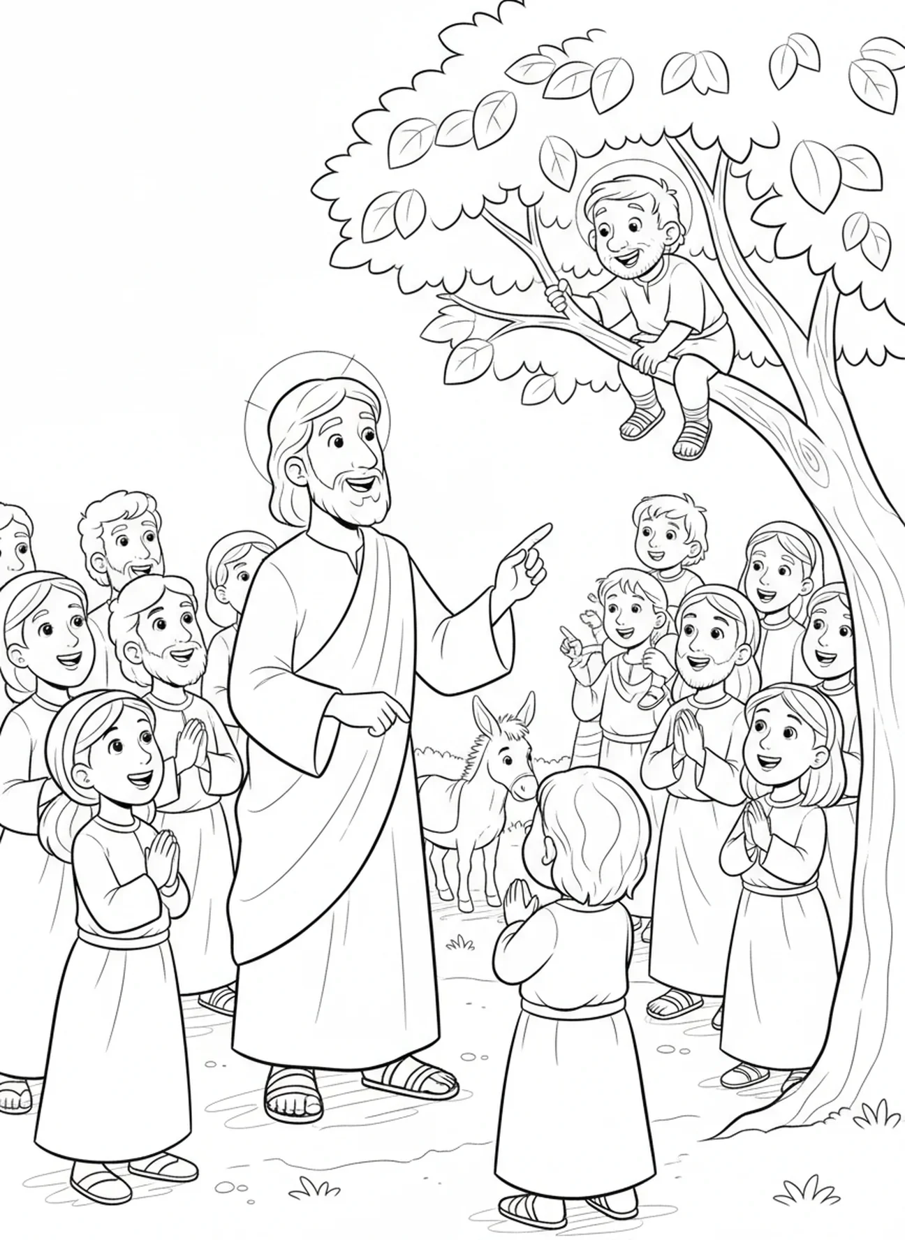Jesus lächelt Zacchaeus zu, Zacchaeus klettert auf den Baum, Malvorlage für Kinder im Alter von 5-10 Jahren