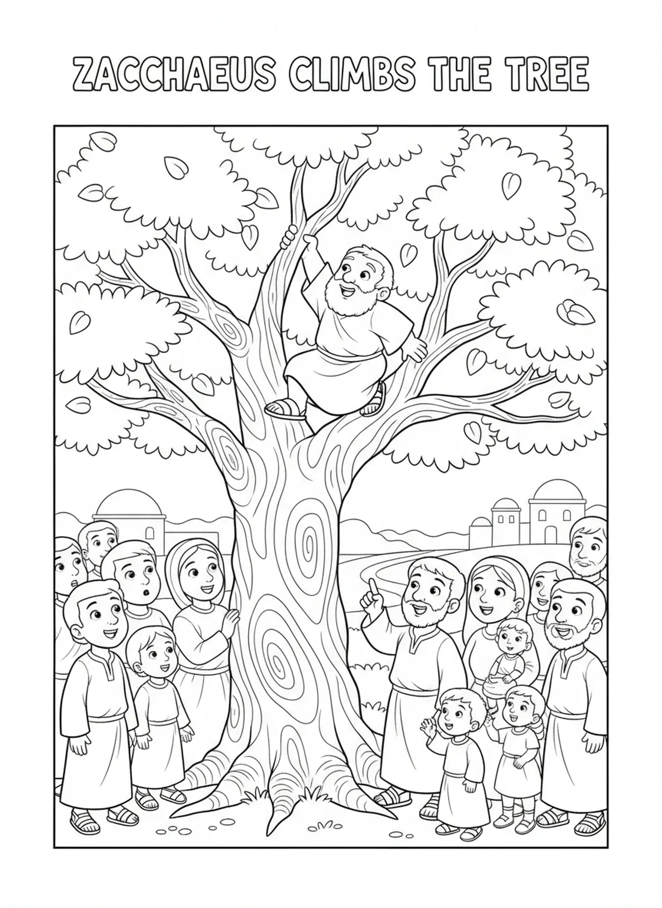 Zachäus klettert auf einen Baum, Ausmalbild Zachäus klettert auf den Baum für Kinder im Alter von 5-10 Jahren
