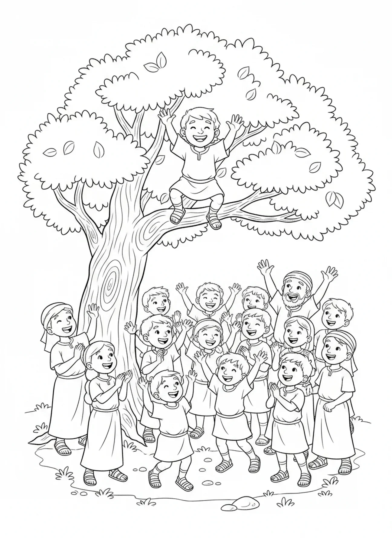 Zachäus, der fröhlich winkt, Zachäus klettert auf den Baum Malvorlage für Kinder im Alter von 5-10 Jahren