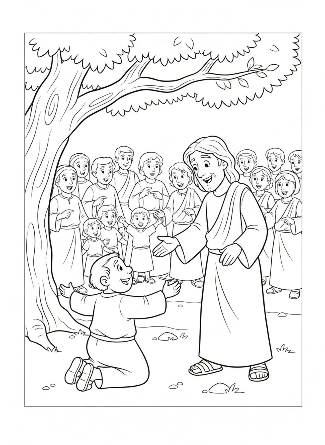 Zacchaeus trifft Jesus, Zacchaeus klettert auf den Baum Ausmalbild für Kinder im Alter von 5-10 Jahren