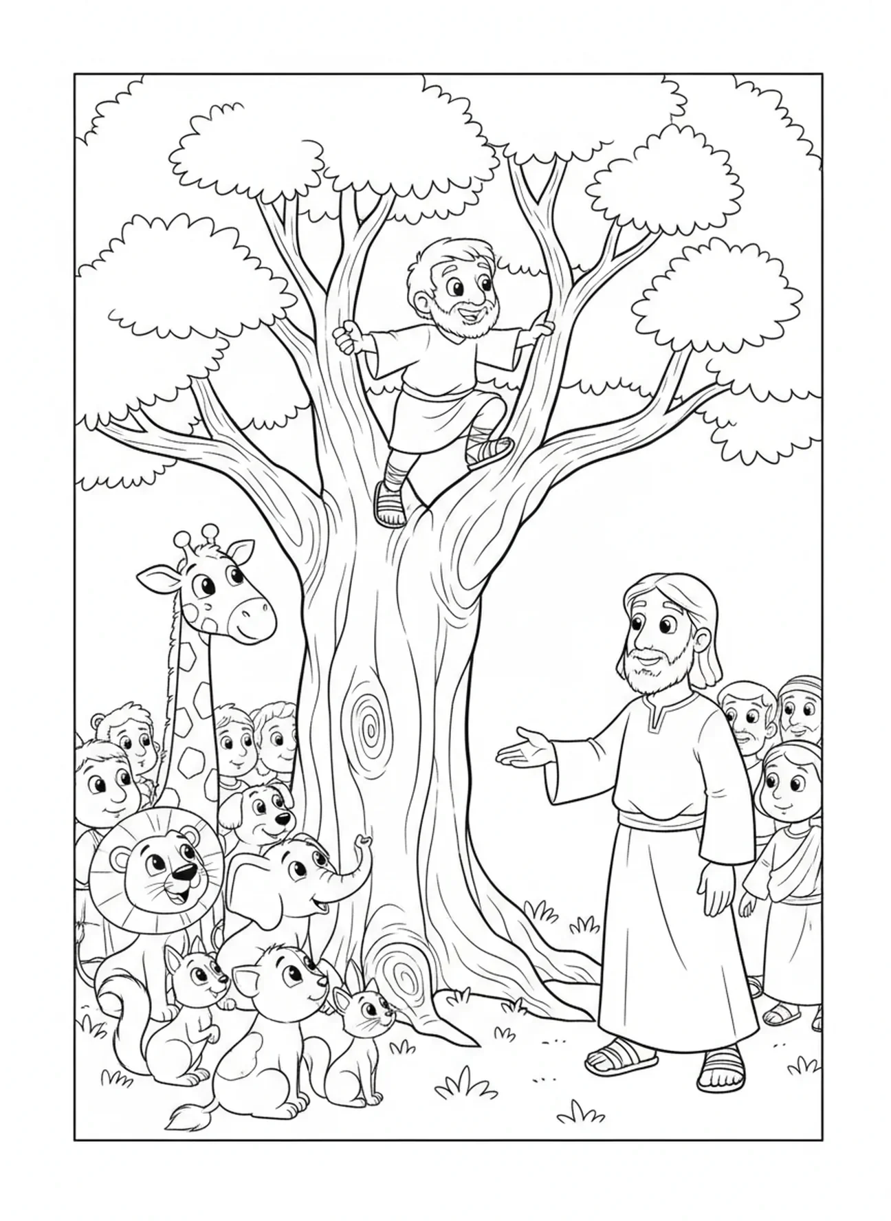 Zacchaeus auf einem Baum, Zacchaeus gibt zurück Malvorlage für Kinder im Alter von 5-10 Jahren