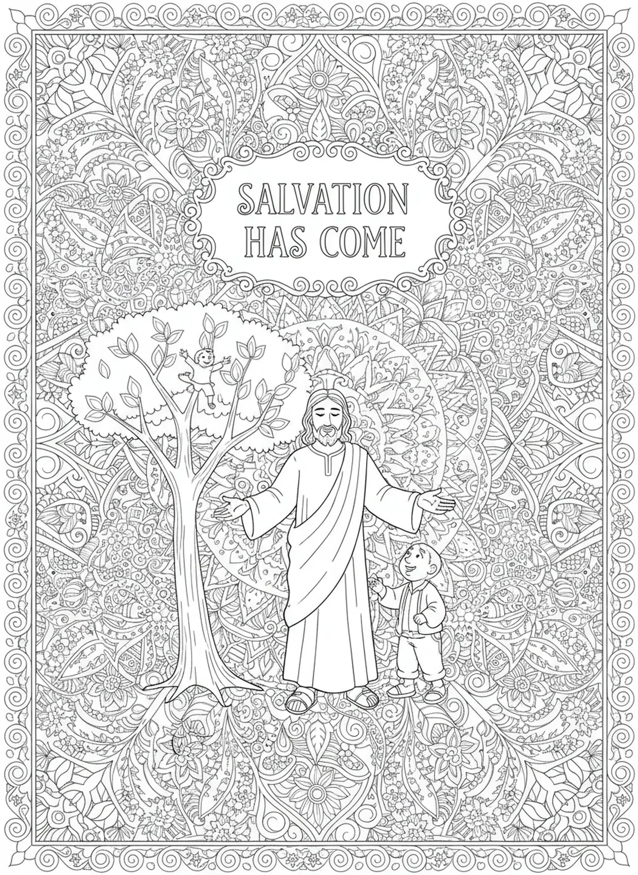 Jesús afirmando a Zaqueo, página para colorear de Zaqueo en estilo de journaling bíblico para adultos.