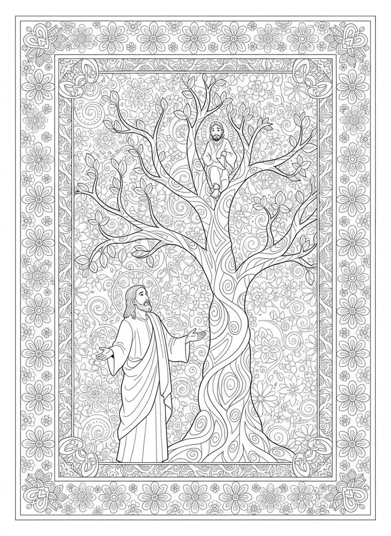 Jesús de pie bajo el árbol, página para colorear de Zaqueo en estilo de journaling bíblico para adultos.
