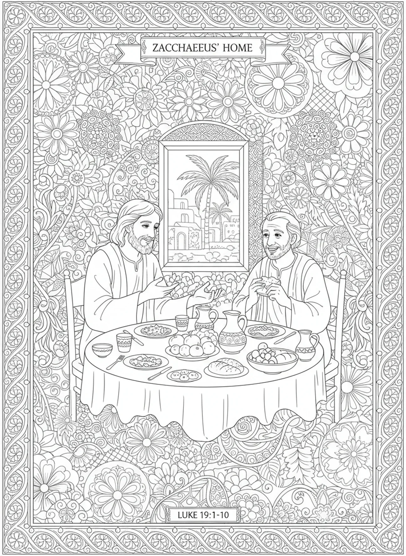 Jesús compartiendo una comida, página para colorear de Zaqueo en estilo de journaling bíblico para adultos.