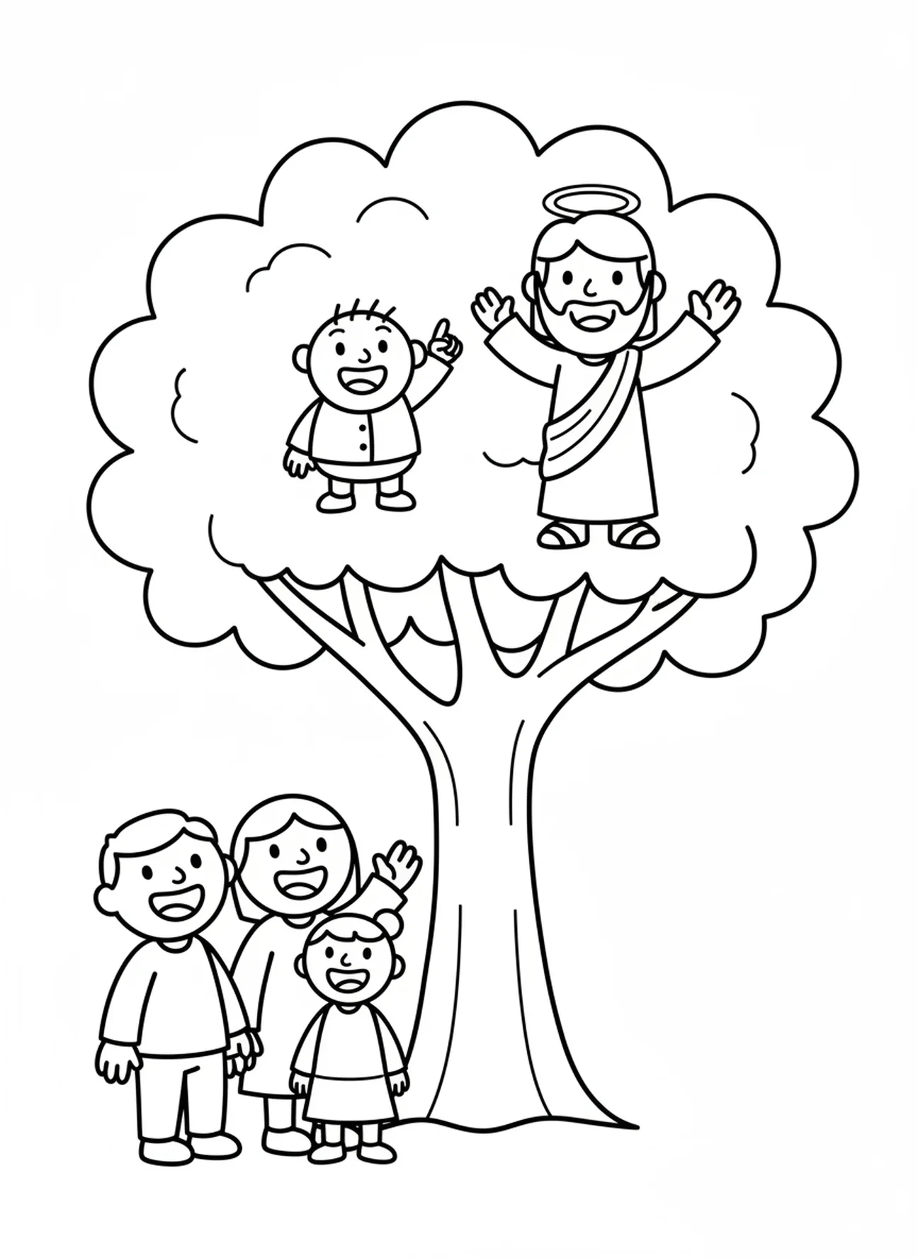 Gruppe fröhlicher Menschen, Zacchaeus Malvorlage für Vorschulkinder im Alter von 3-5 Jahren