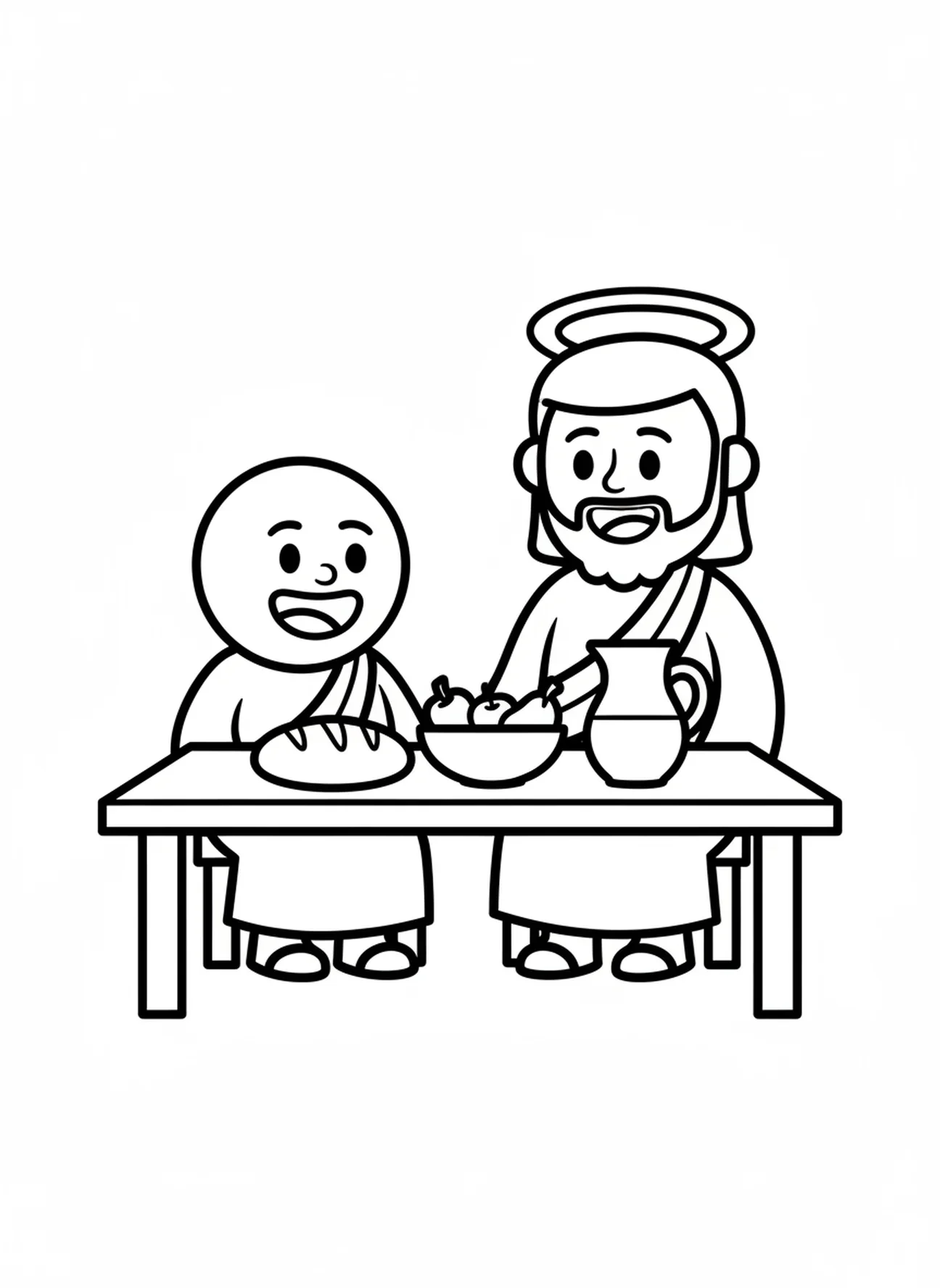 Zachäus und Jesus am Tisch, Ausmalbild für Vorschulkinder im Alter von 3-5 Jahren