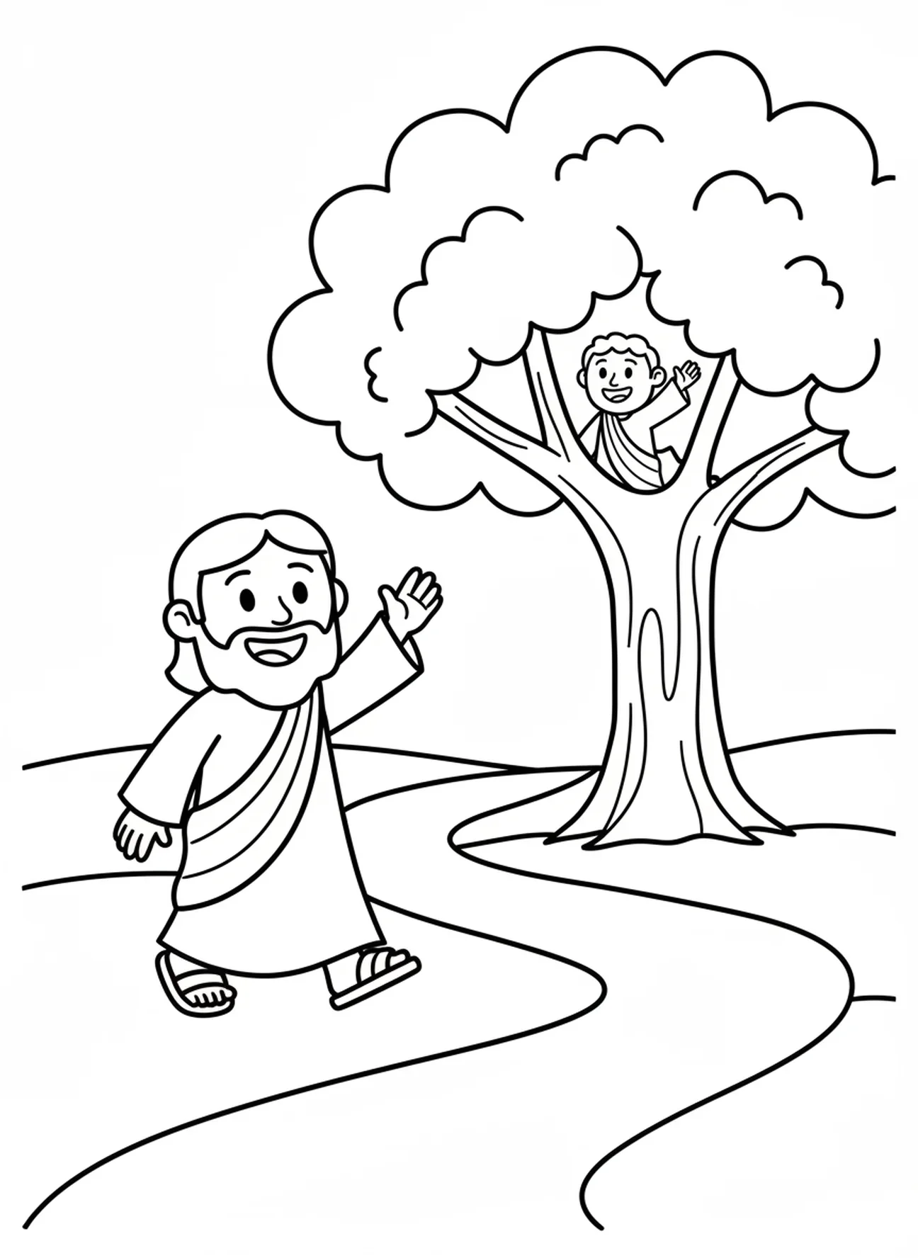 Freundlicher Jesus winkt, Zacchaeus Ausmalbild für Vorschulkinder im Alter von 3-5 Jahren