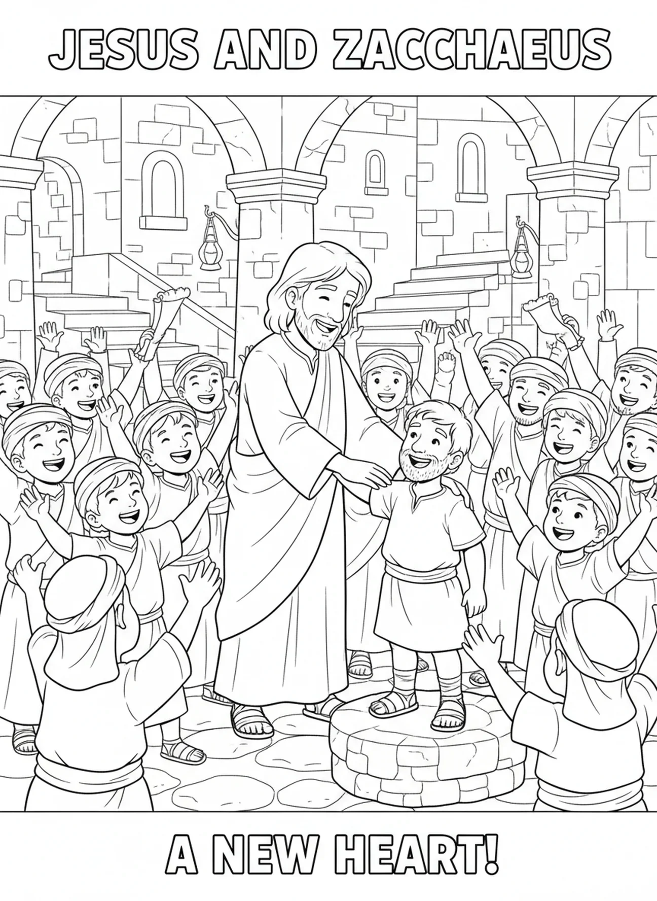 Jesus segnet Zachäus, Ausmalbild von Zachäus für die Sonntagsschule für Kinder im Alter von 5-12 Jahren.