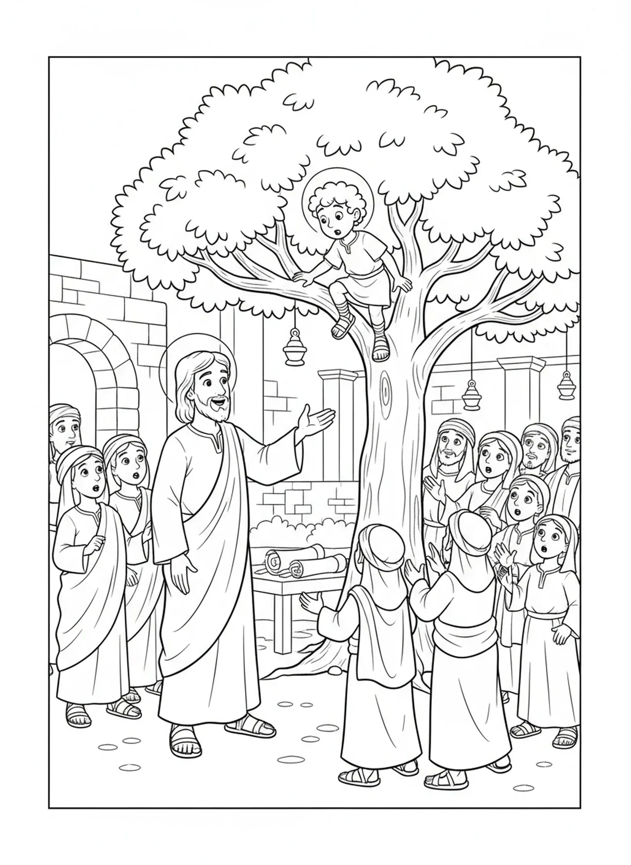 Jesus ruft Zachäus vom Baum, Ausmalbild für Kinder in der Sonntagsschule im Alter von 5-12 Jahren.