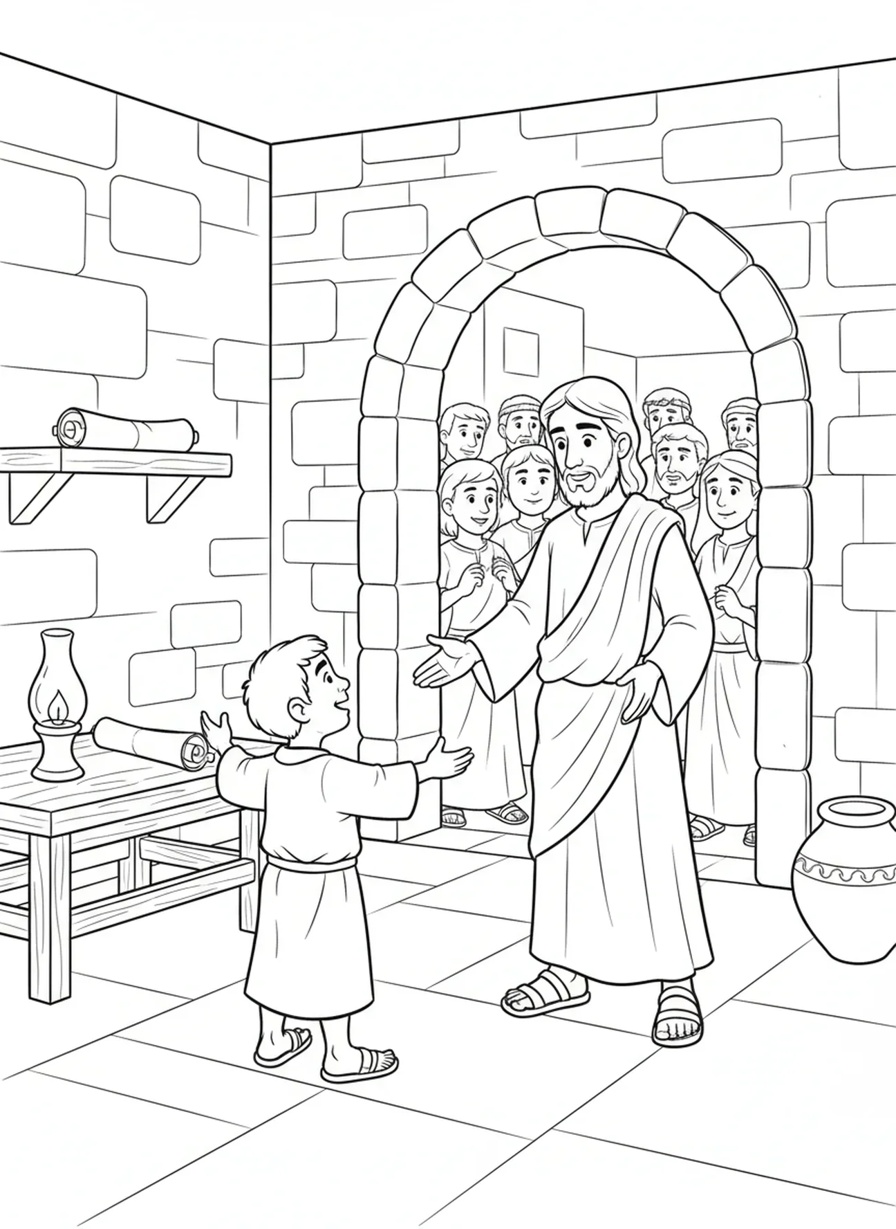 Jesus betritt das Haus von Zachäus, Ausmalbild für Kinder in der Sonntagsschule im Alter von 5-12 Jahren.