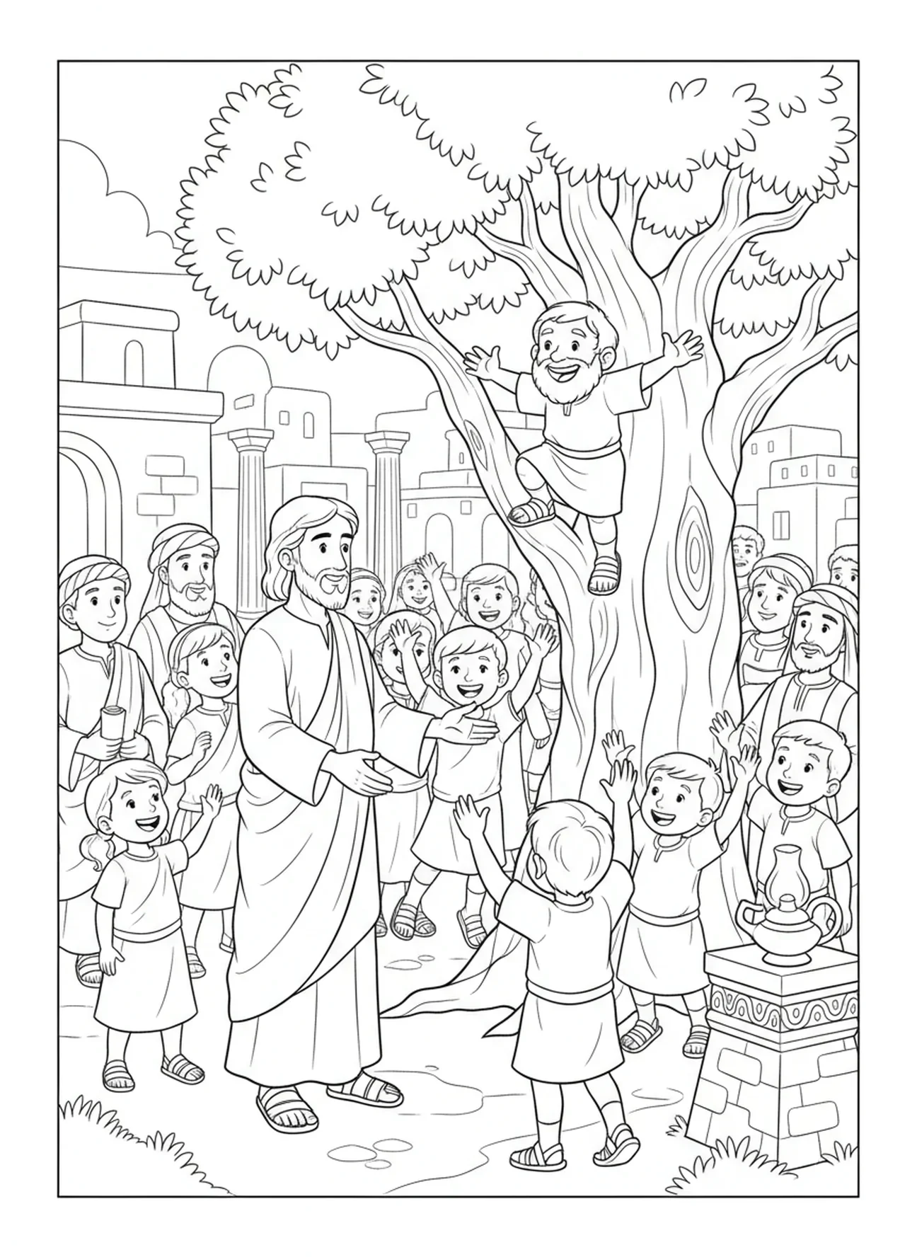 Zachäus klettert herunter, um Jesus zu begegnen, Zachäus Ausmalbild für Sonntagsschulkinder im Alter von 5-12 Jahren.