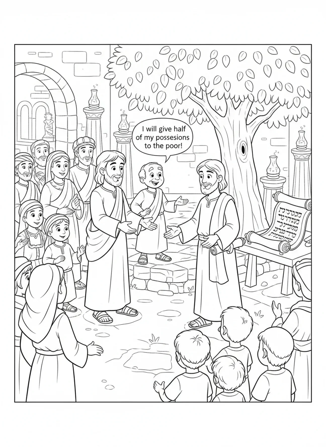 Zacchaeus verspricht, den Armen zu geben, Ausmalbild von Zacchaeus für Sonntagsschulkinder im Alter von 5-12 Jahren.