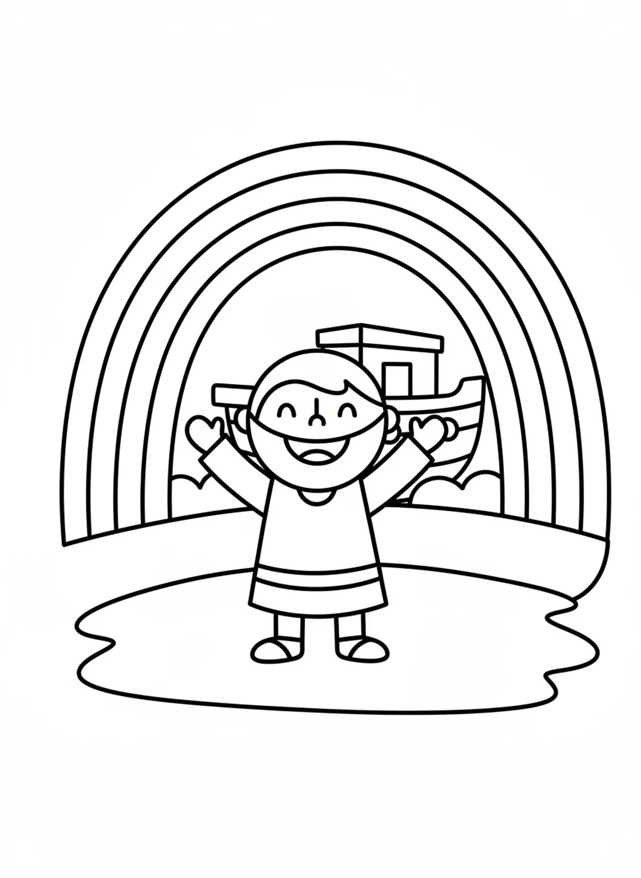Heller Regenbogen über dem lächelnden Noah, Malvorlage zur Gehorsamkeit für Vorschulkinder im Alter von 3-5 Jahren