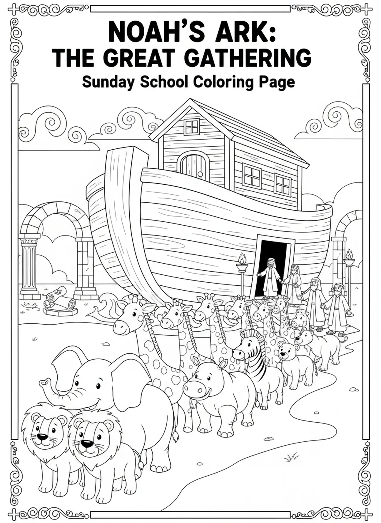 Casais de animais entrando na arca, página de colorir da Bíblia sobre obediência para crianças da Escola Dominical de 5 a 12 anos