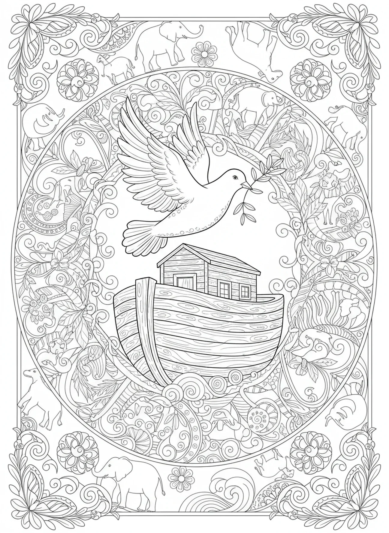 Colombe avec branche d'olivier, page à colorier de la Bible pour adultes dans le style du journal biblique