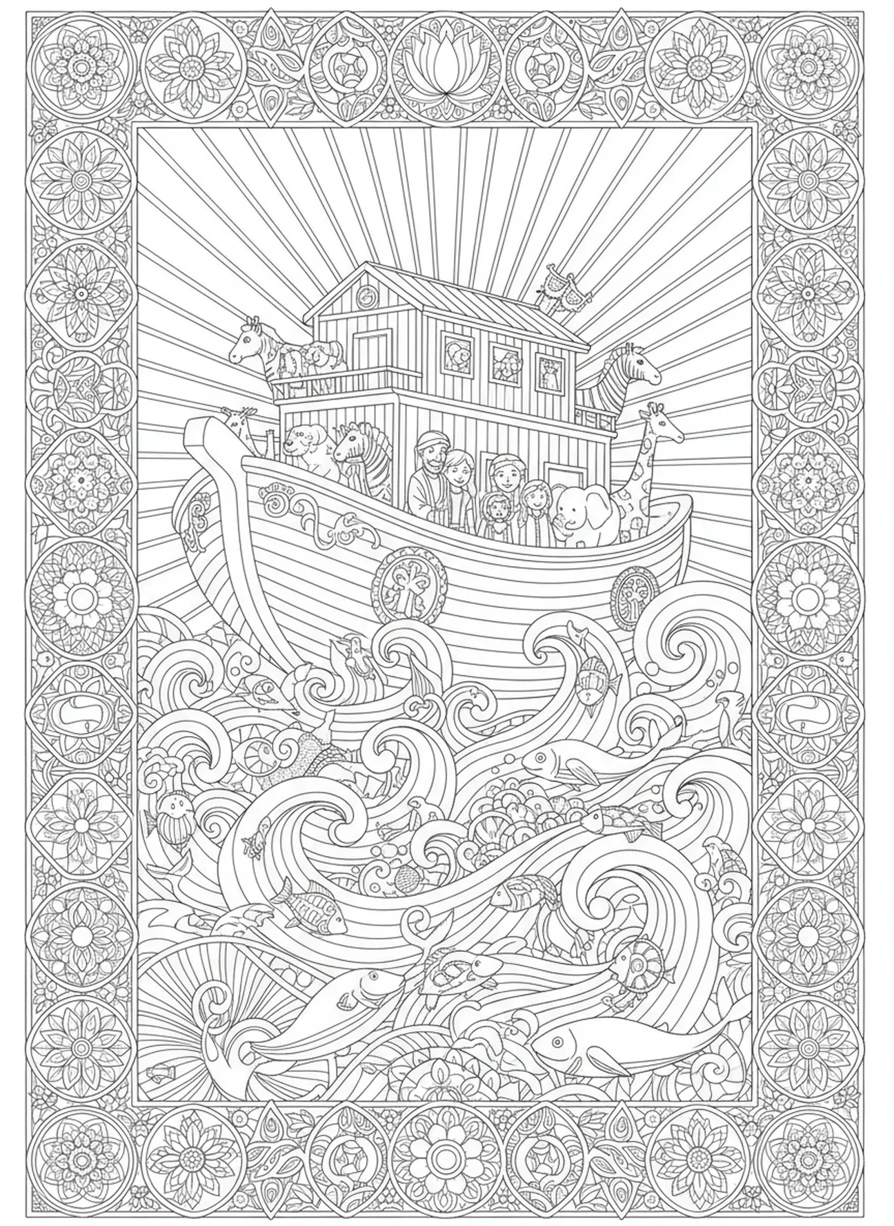 Noé et sa famille sur l'arche, page à colorier de la Bible pour adultes dans le style du journal biblique