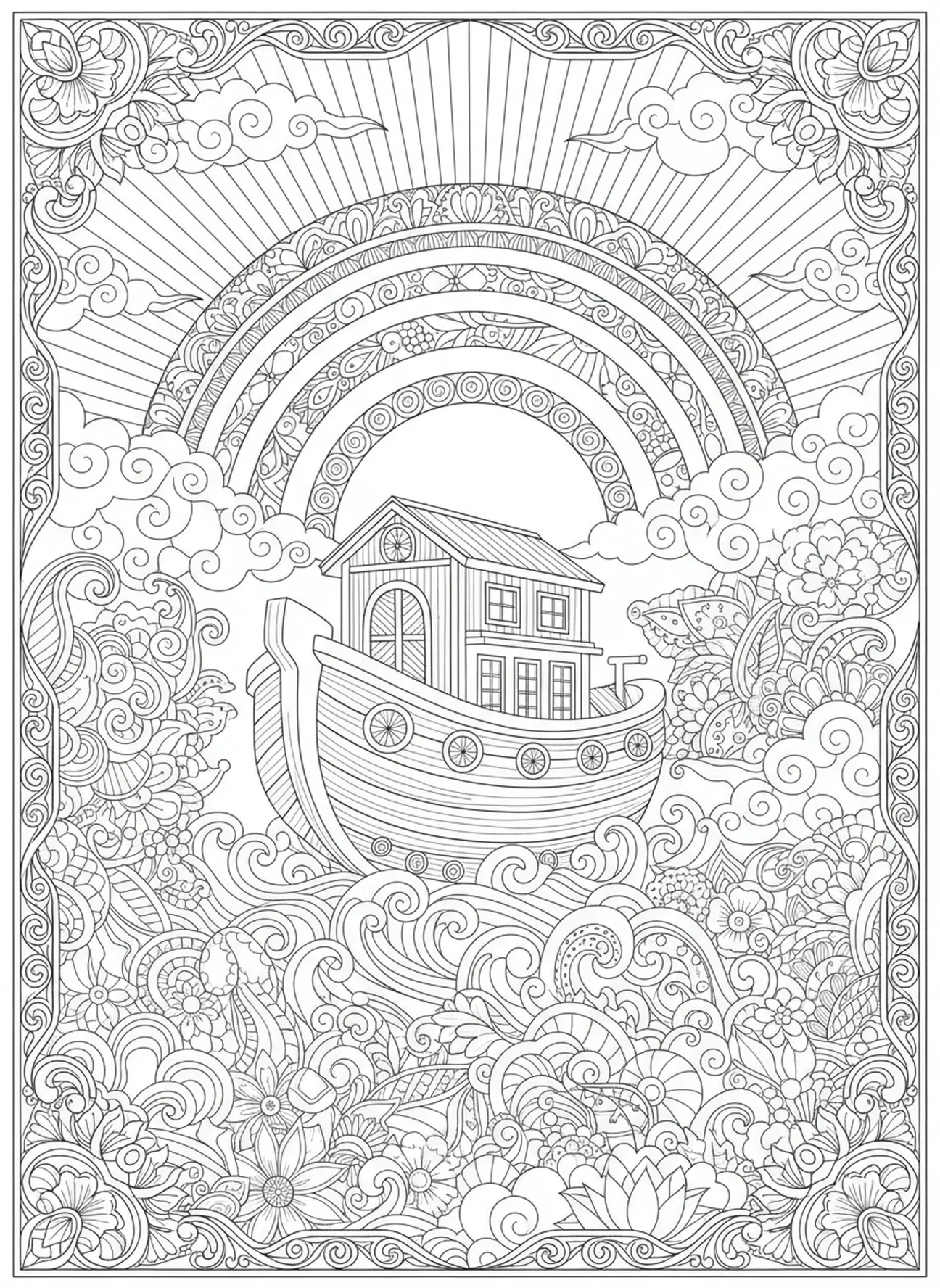 Arc-en-ciel, page à colorier de la Bible avec 66 livres pour adultes dans un style de journal biblique