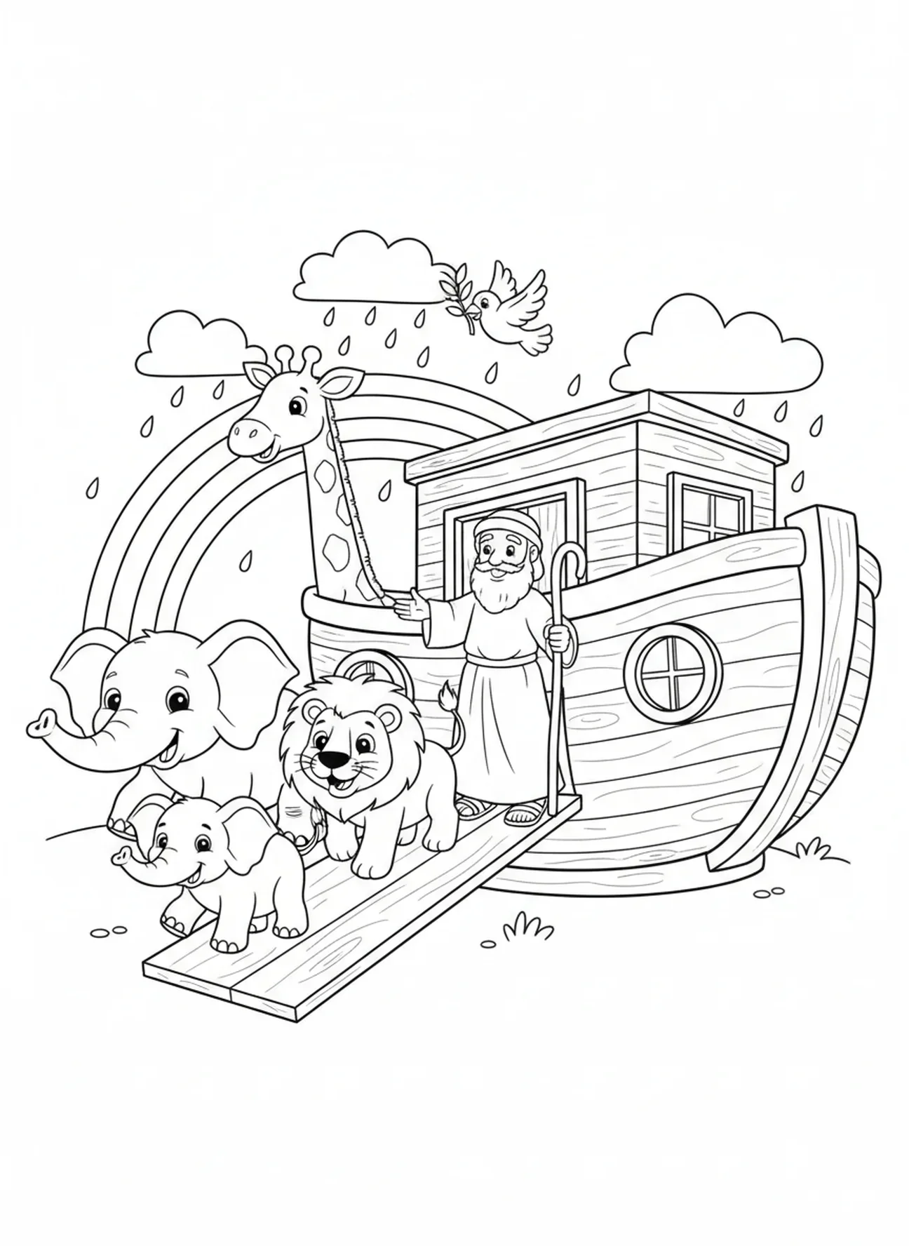 Twee olifanten die aan boord gaan, 66 Boeken Bijbel kleurplaat voor kinderen van 5-10 jaar.