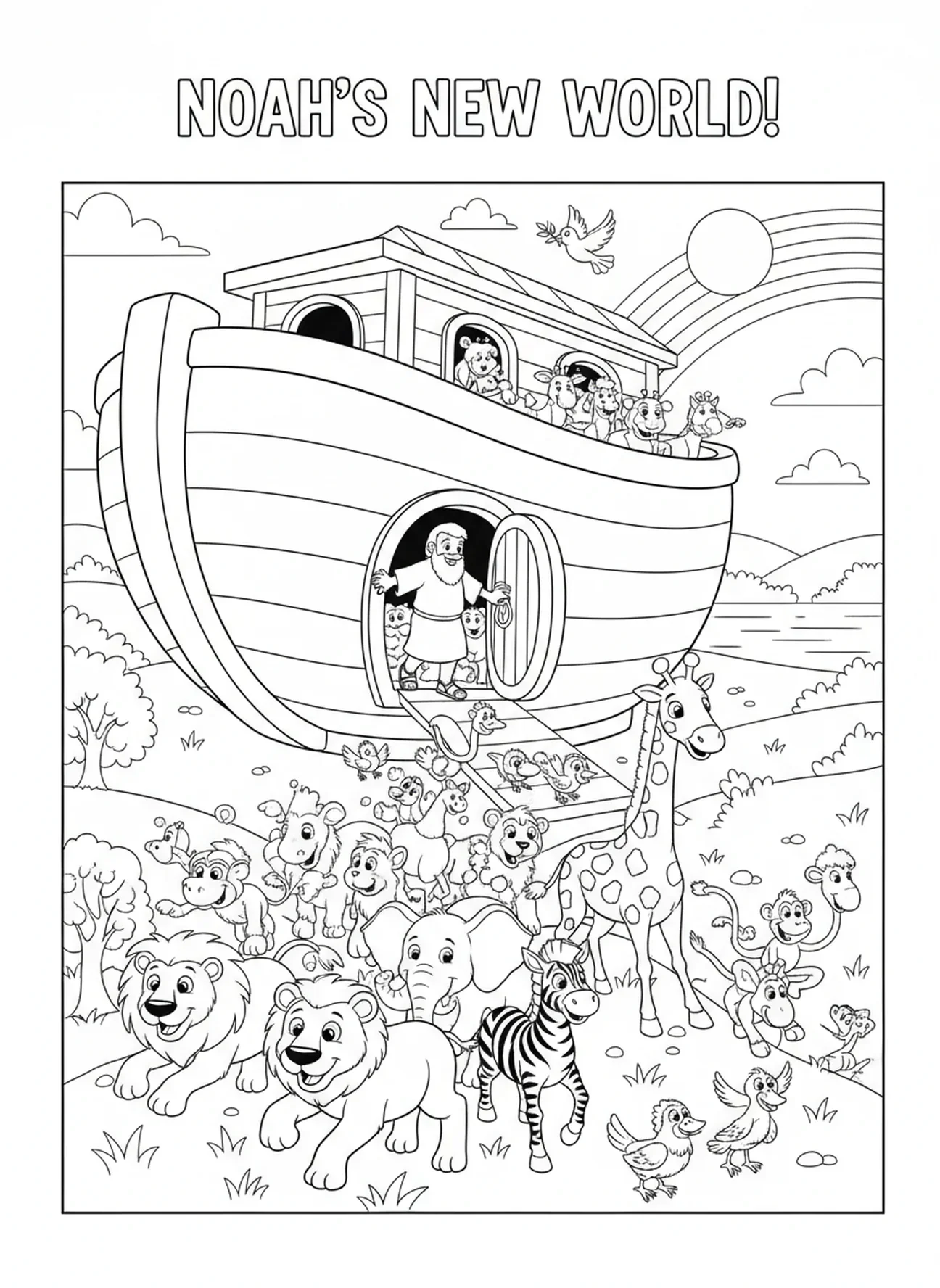 Dieren verlaten de ark, 66 Boeken Bijbel kleurplaat voor kinderen van 5-10 jaar.