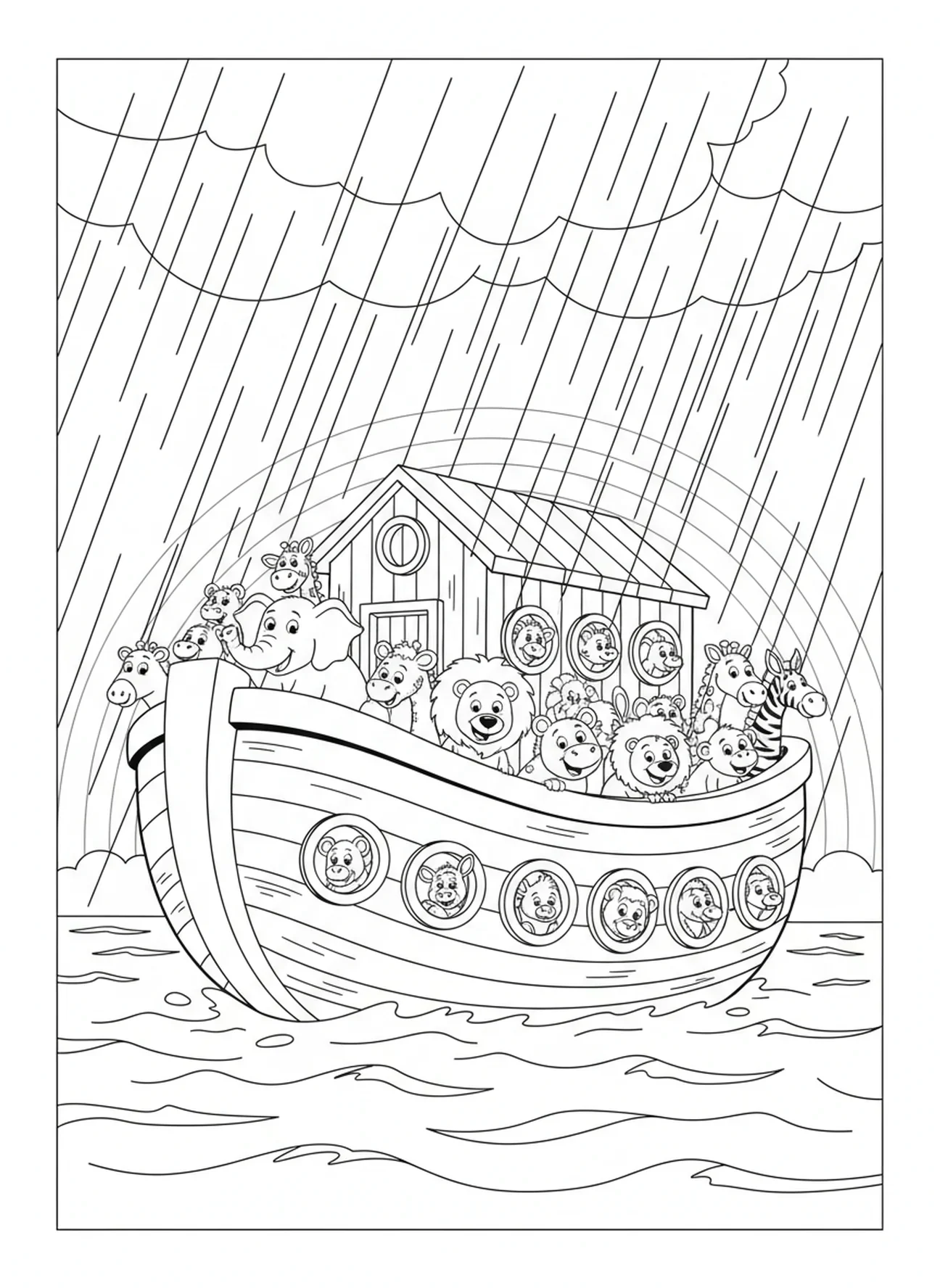 De ark drijft op het stijgende water van de vloed, kleurplaat van de Bijbel met 66 boeken voor kinderen van 5-10 jaar.