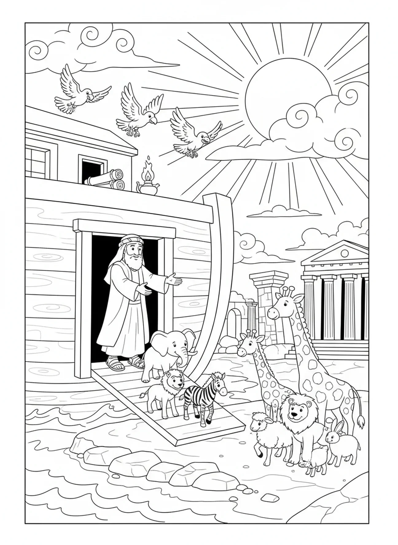 Noé libérant les animaux, page à colorier de la Bible 66 Livres pour les enfants de l'École du dimanche âgés de 5 à 12 ans.