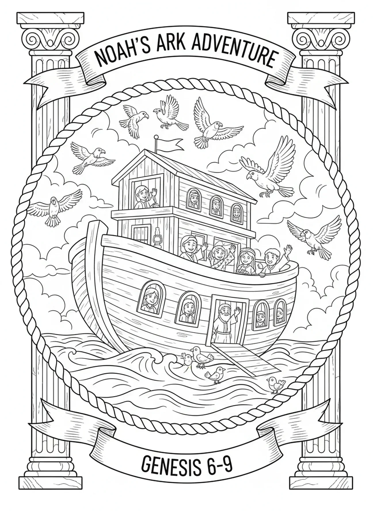 L'arche sur l'eau, page à colorier de la Bible pour les enfants de l'École du dimanche âgés de 5 à 12 ans.