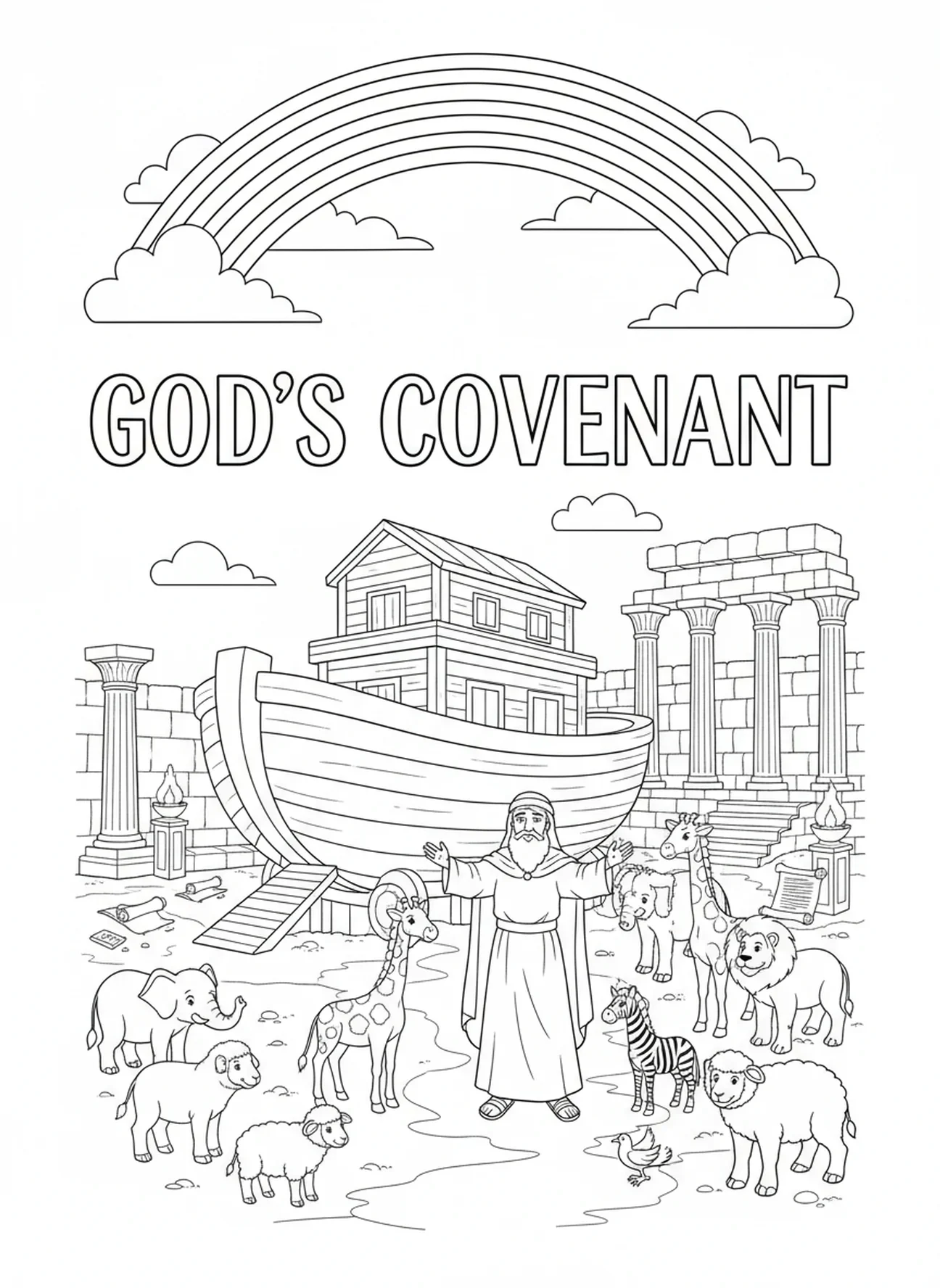 Arc-en-ciel symbolisant l'alliance de Dieu, page à colorier de la Bible 66 livres pour les enfants de l'École du dimanche âgés de 5 à 12 ans.