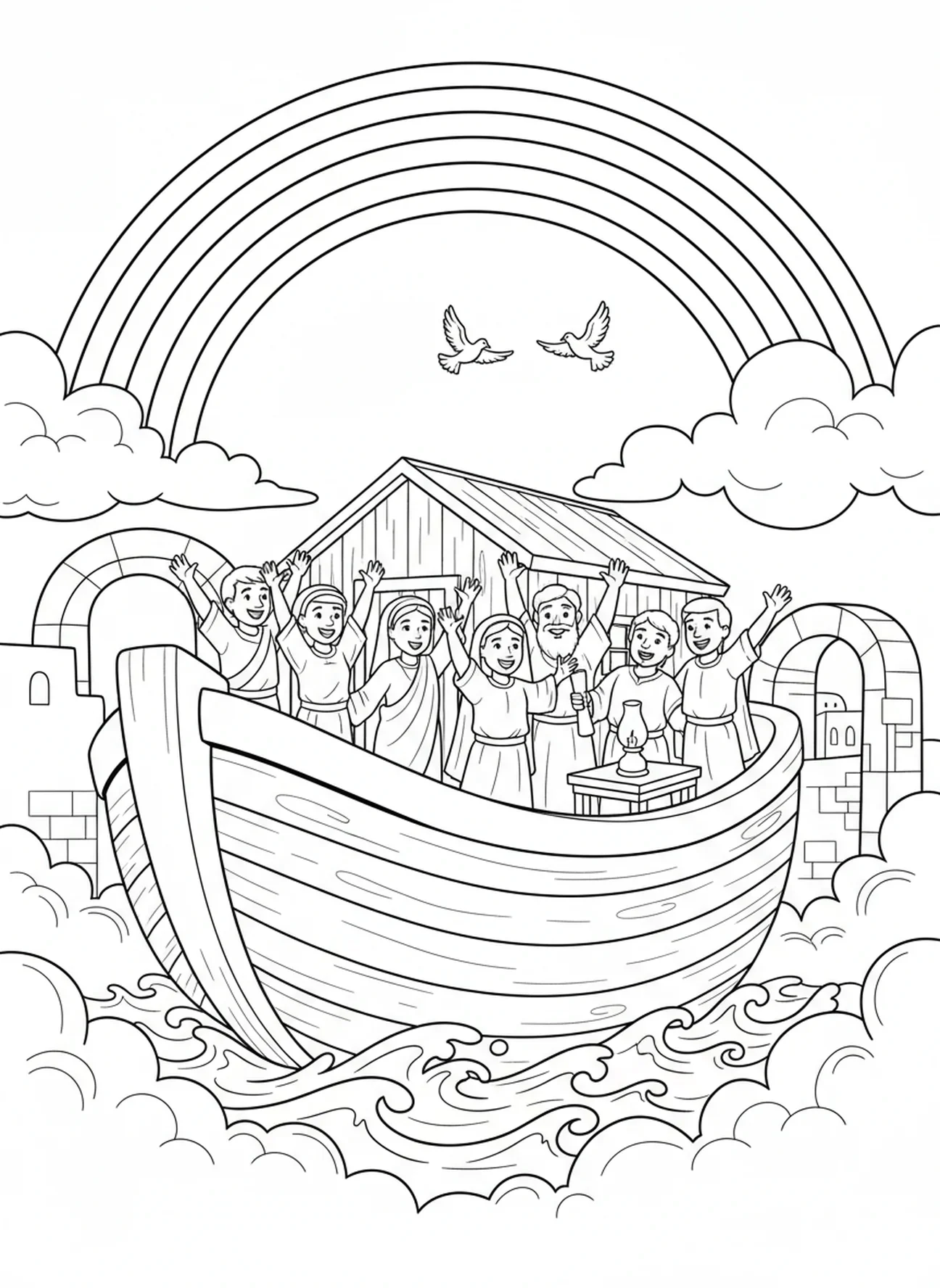 Arc-en-ciel au-dessus de l'arche, page à colorier de la Bible 66 Livres pour les enfants de l'École du dimanche âgés de 5 à 12 ans.